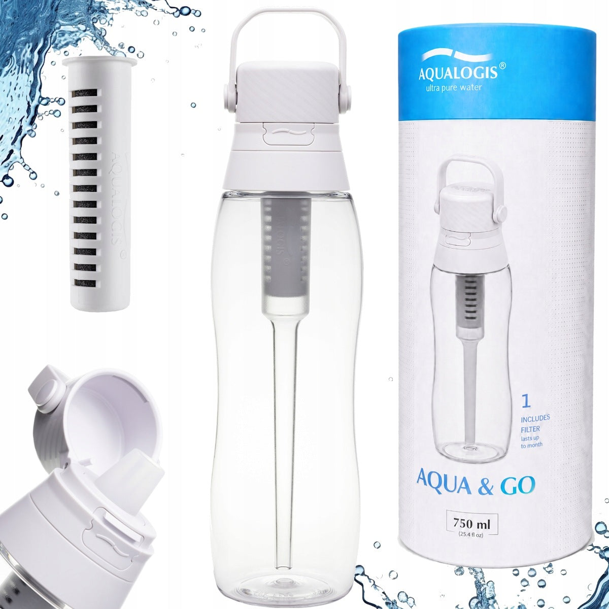 White Aqua&Go Water Filtration Bottle with 750ml Filter