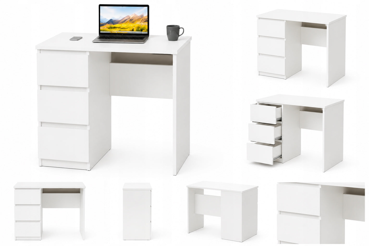 White Desk with 3 Drawers 90 cm Youth Computer for Learning and Working Packaging status original