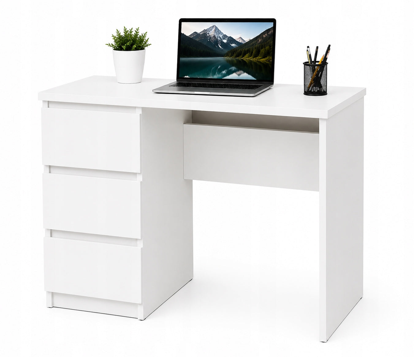 White Desk with 3 Drawers 90 cm Youth Computer for Learning and Working