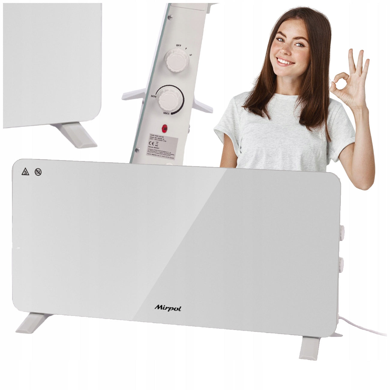 White Electric Heater with Temperature Control Convector Glass Front