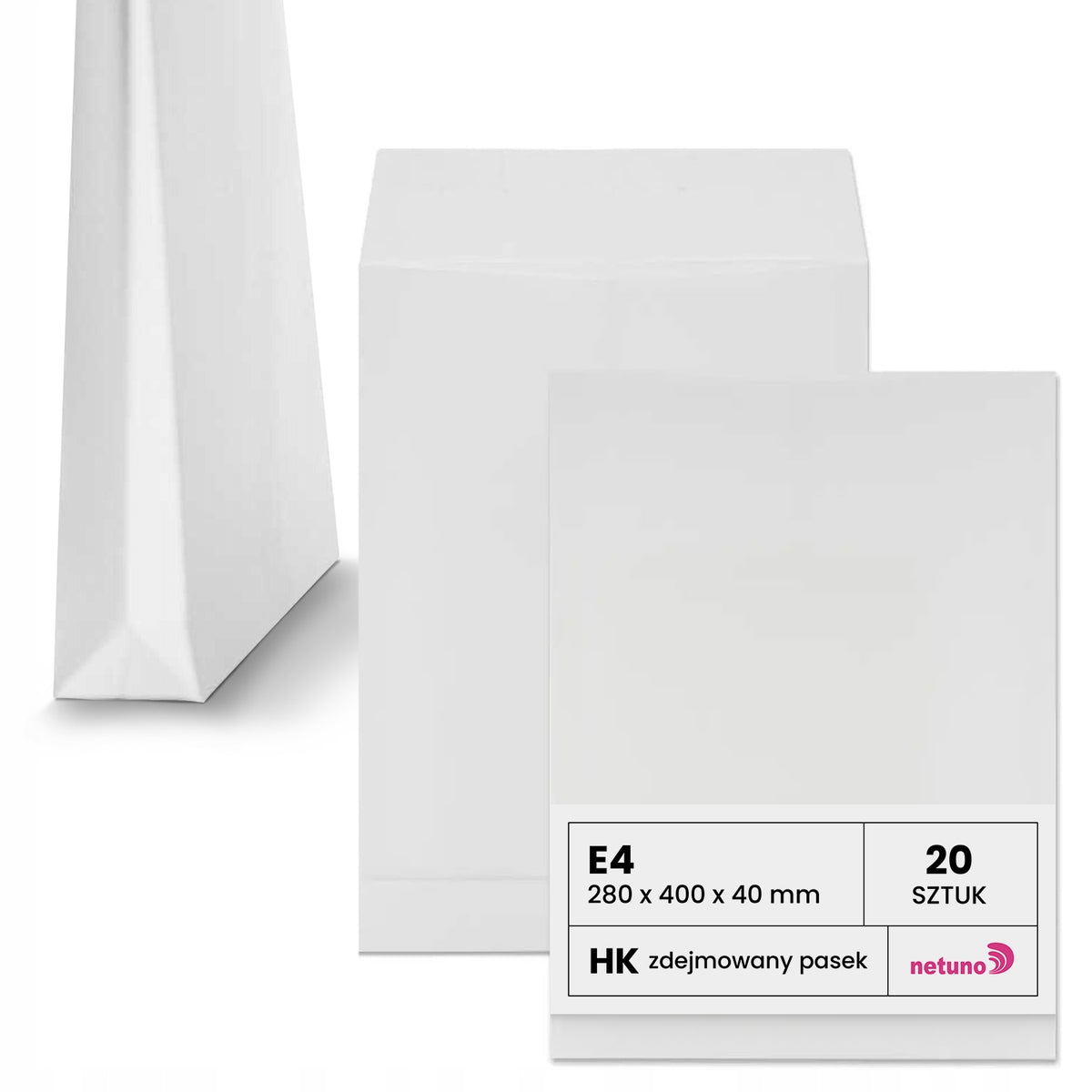 White Expandable Envelopes RBD E4 28x40x4cm HK Self-Adhesive with Strap 20 Pack