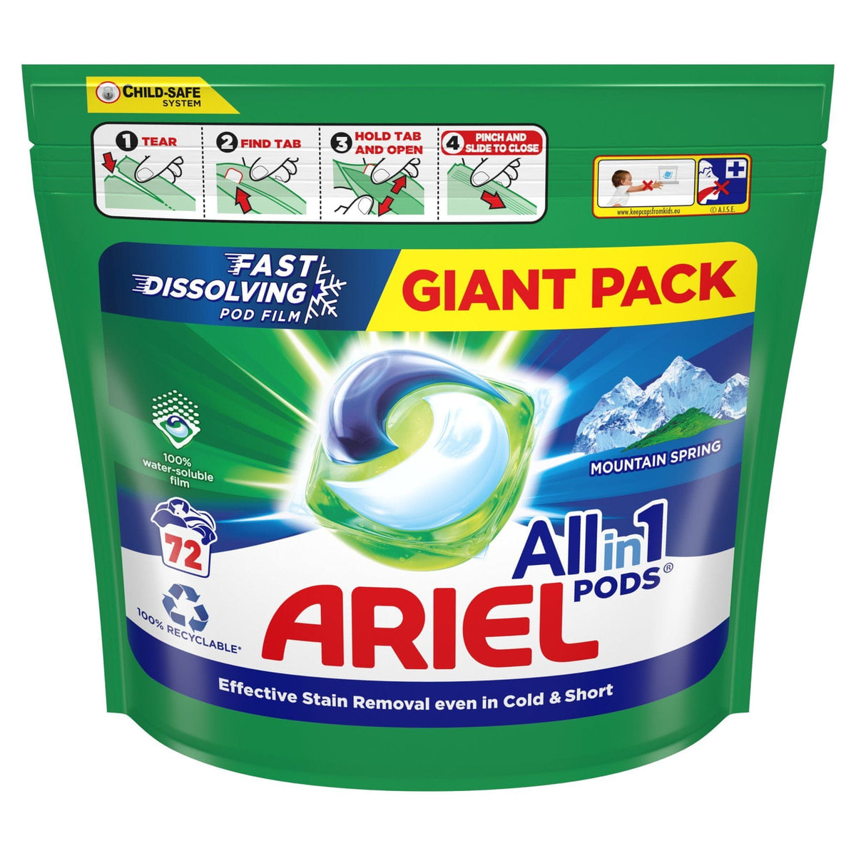 White Light Washing Capsules ARIEL All In One Mountain Spring 72 Pack