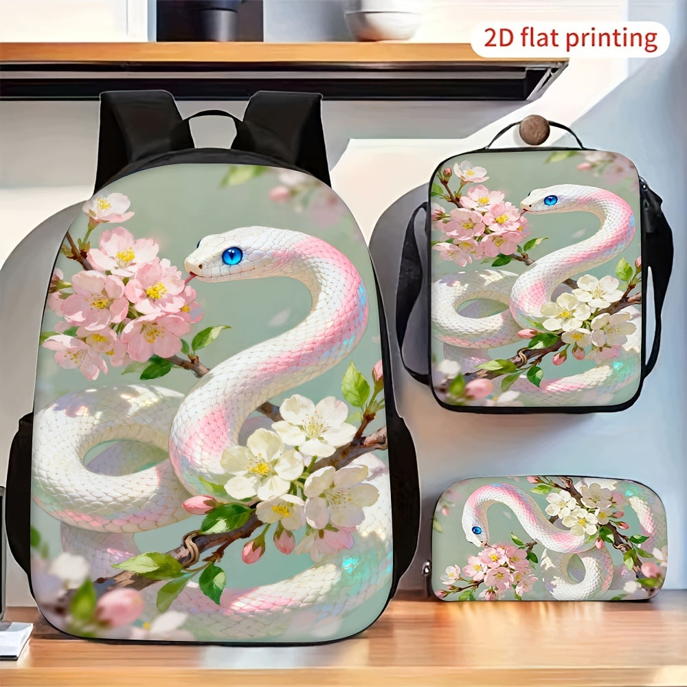 White Snake Pink Cherry Blossom 3-Piece Backpack Set with Accessories