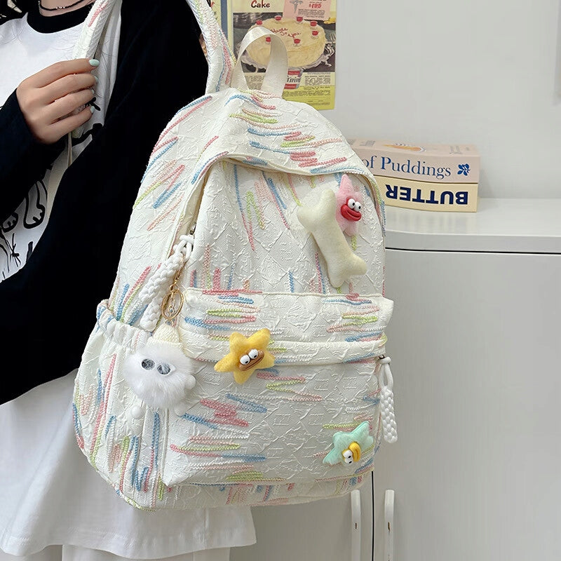White cute large capacity backpack for female students with pendant