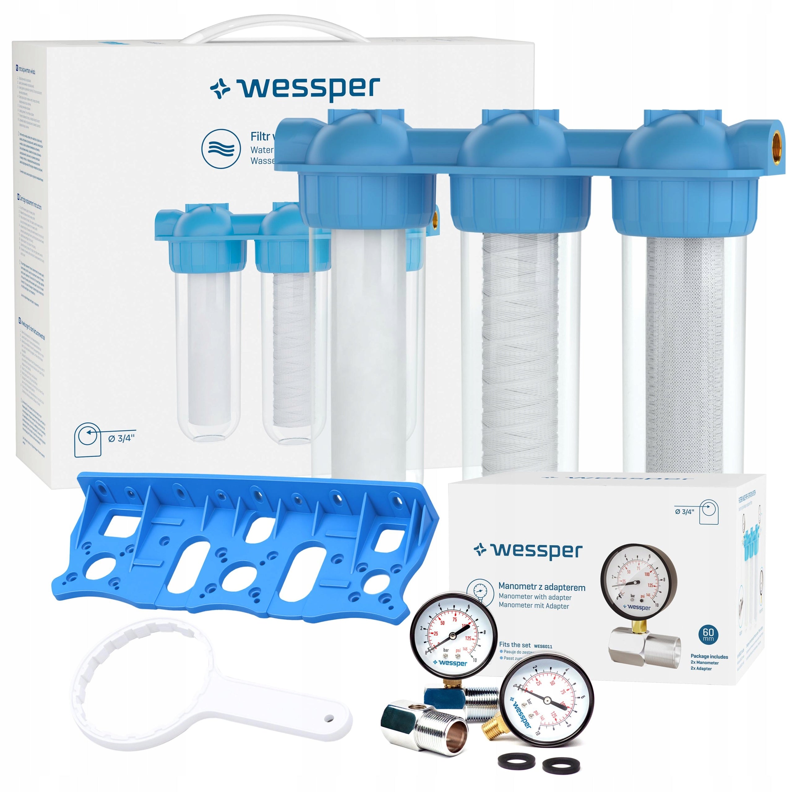 Whole House Water Filter 3/4 Inch 3 Degree For Home + 3x Filter 2x Pressure Gauge