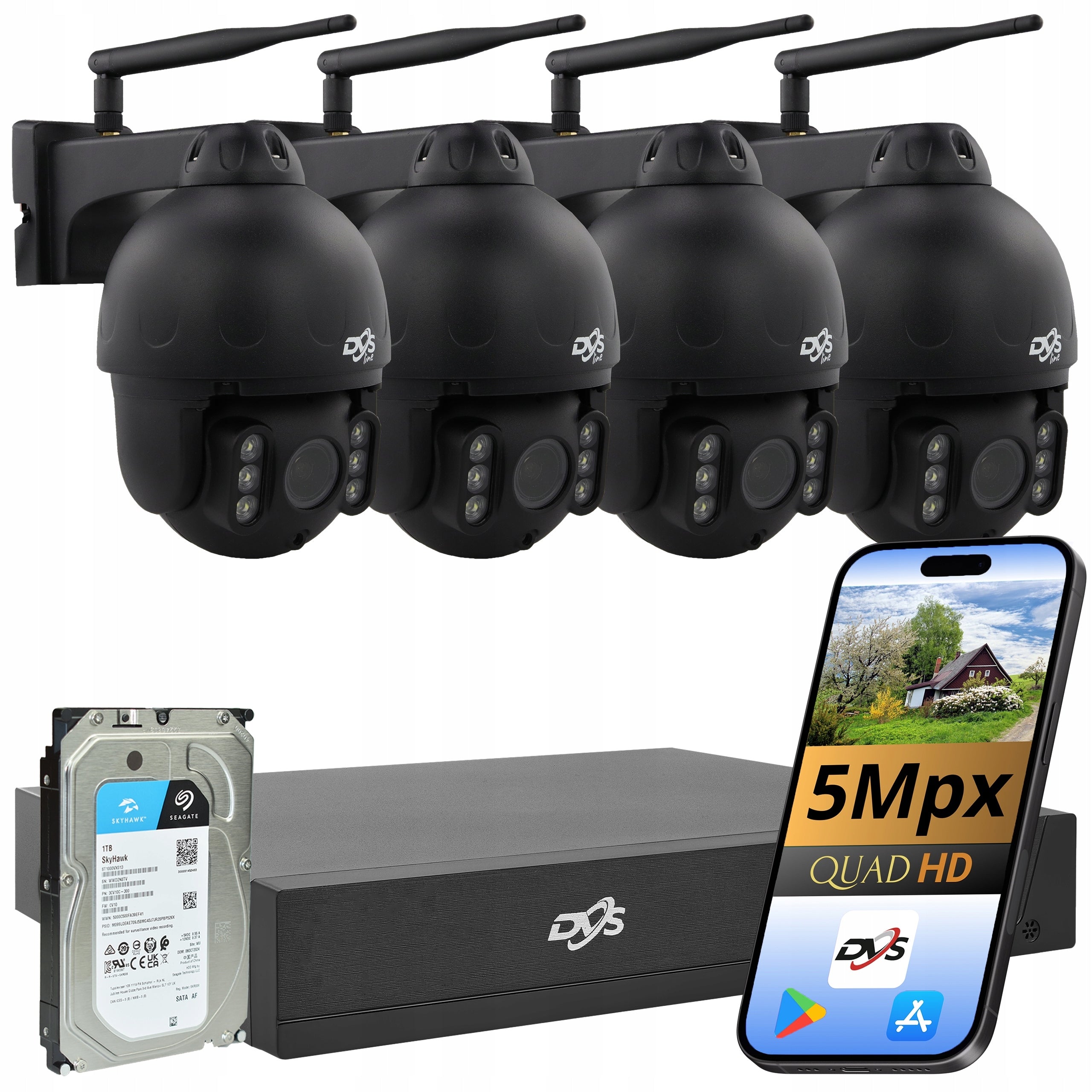 WiFi Monitoring Kit 4 Rotating Cameras 5MP Outdoor PTZ 1TB Detection
