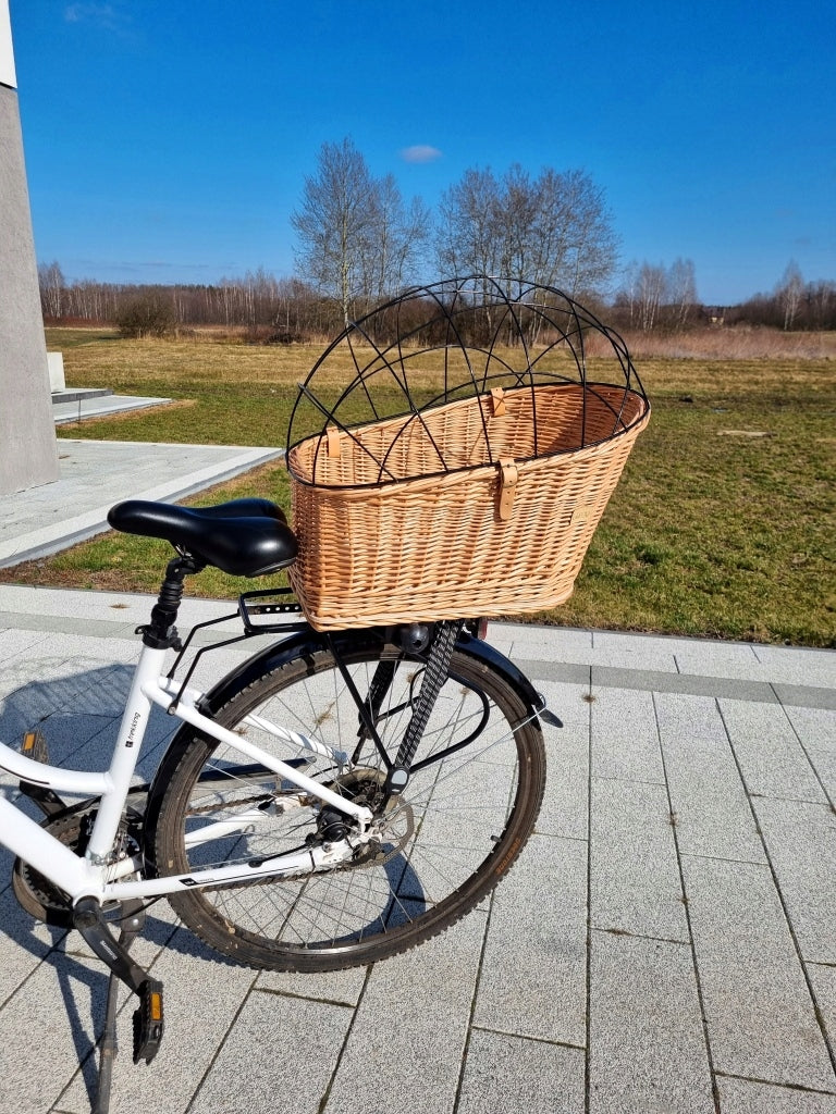 Wicker basket for dog carrier natural. Transporter for bicycle. Color brown