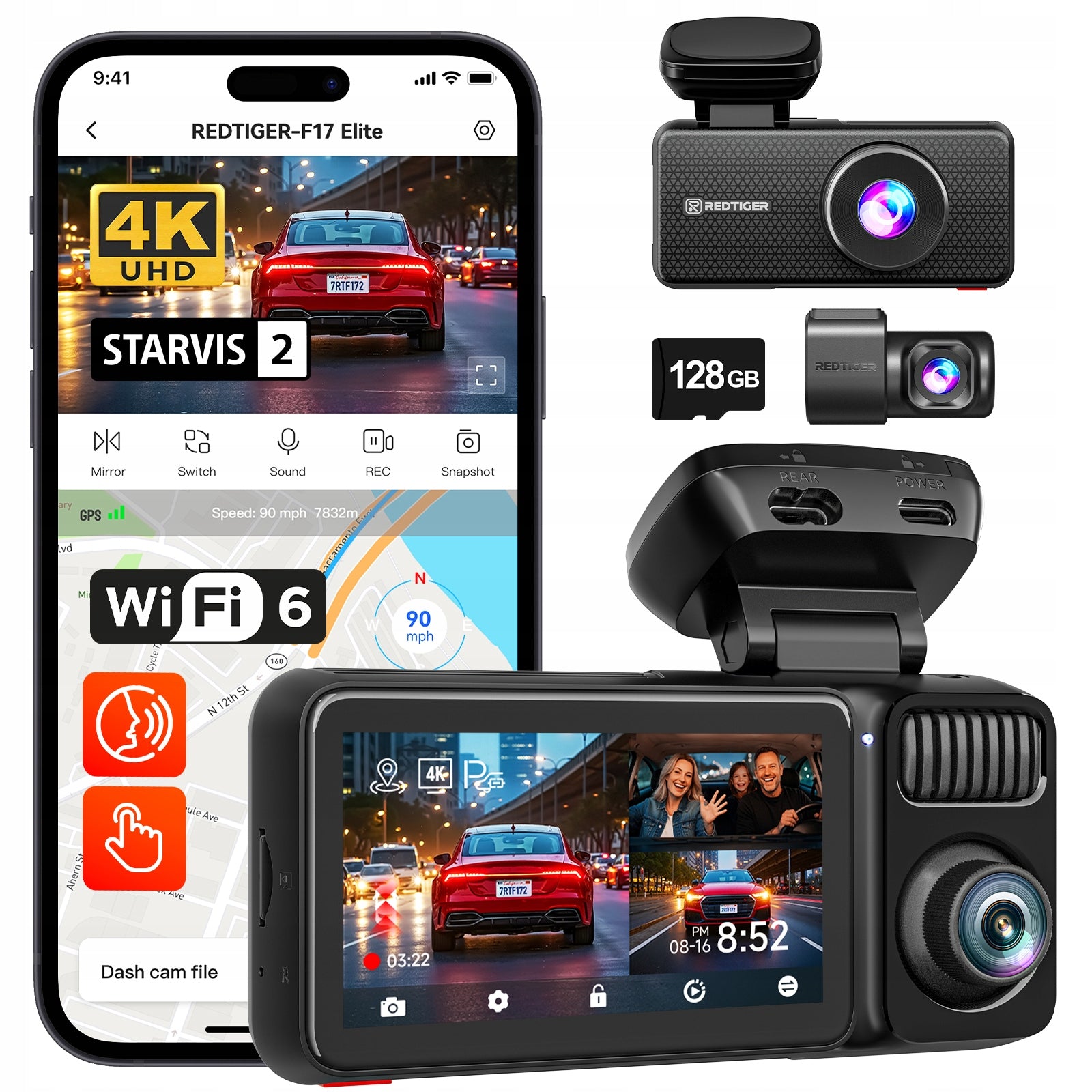 Wideorejestrator 3 Channel 4K REDTIGER F17 Elite GPS WiFi HDR 128GB