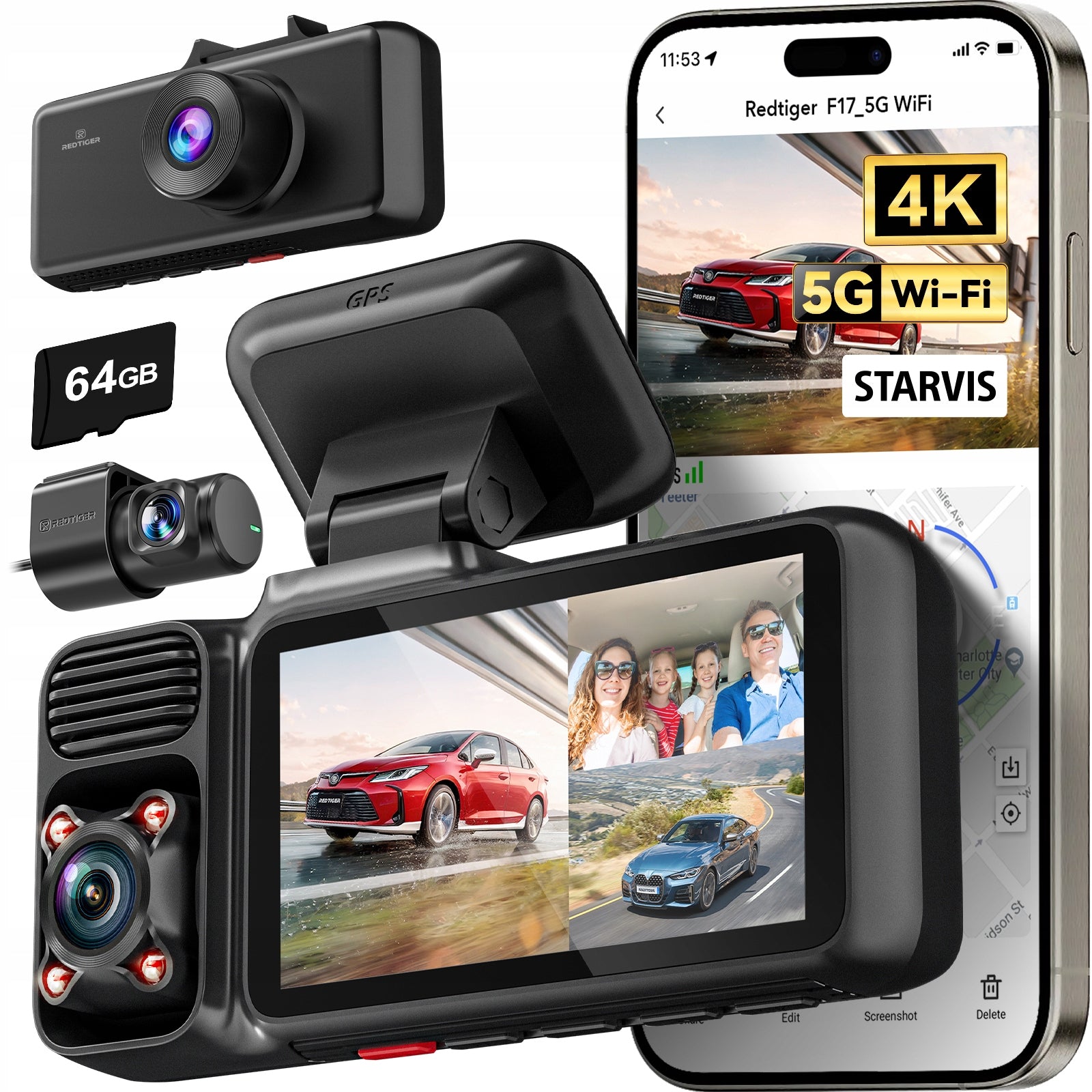 Wideorejestrator 3CH 4K REDTIGER F17N GPS WiFi Night Vision Parking 64GB