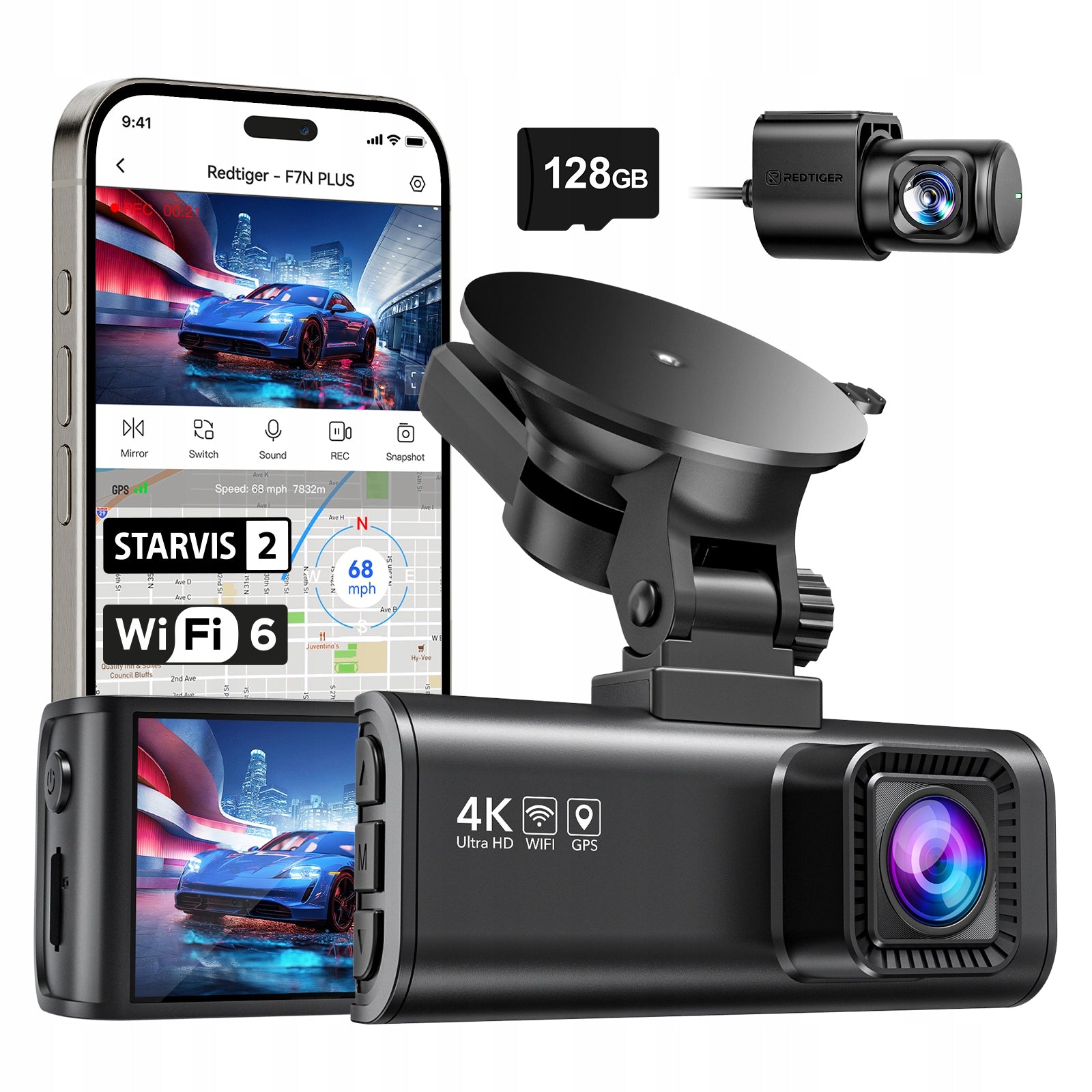 Wideorejestrator 4K REDTIGER F7NP GPS WiFi Front Rear Night Vision 128GB