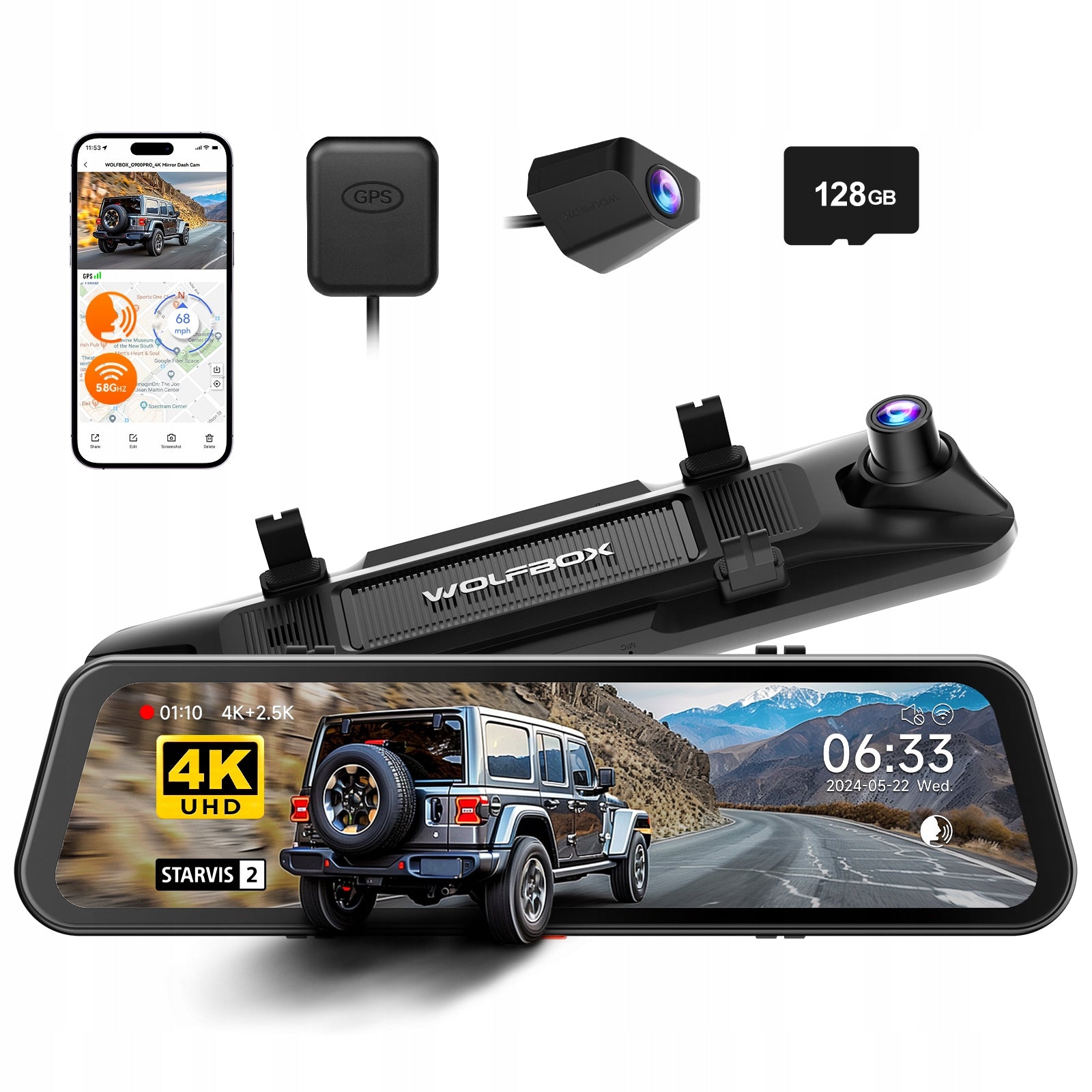 Wideorejestrator 4K WOLFBOX G900 PRO 4K+2.5K Mirror STARVIS2 128GB WiFi GPS