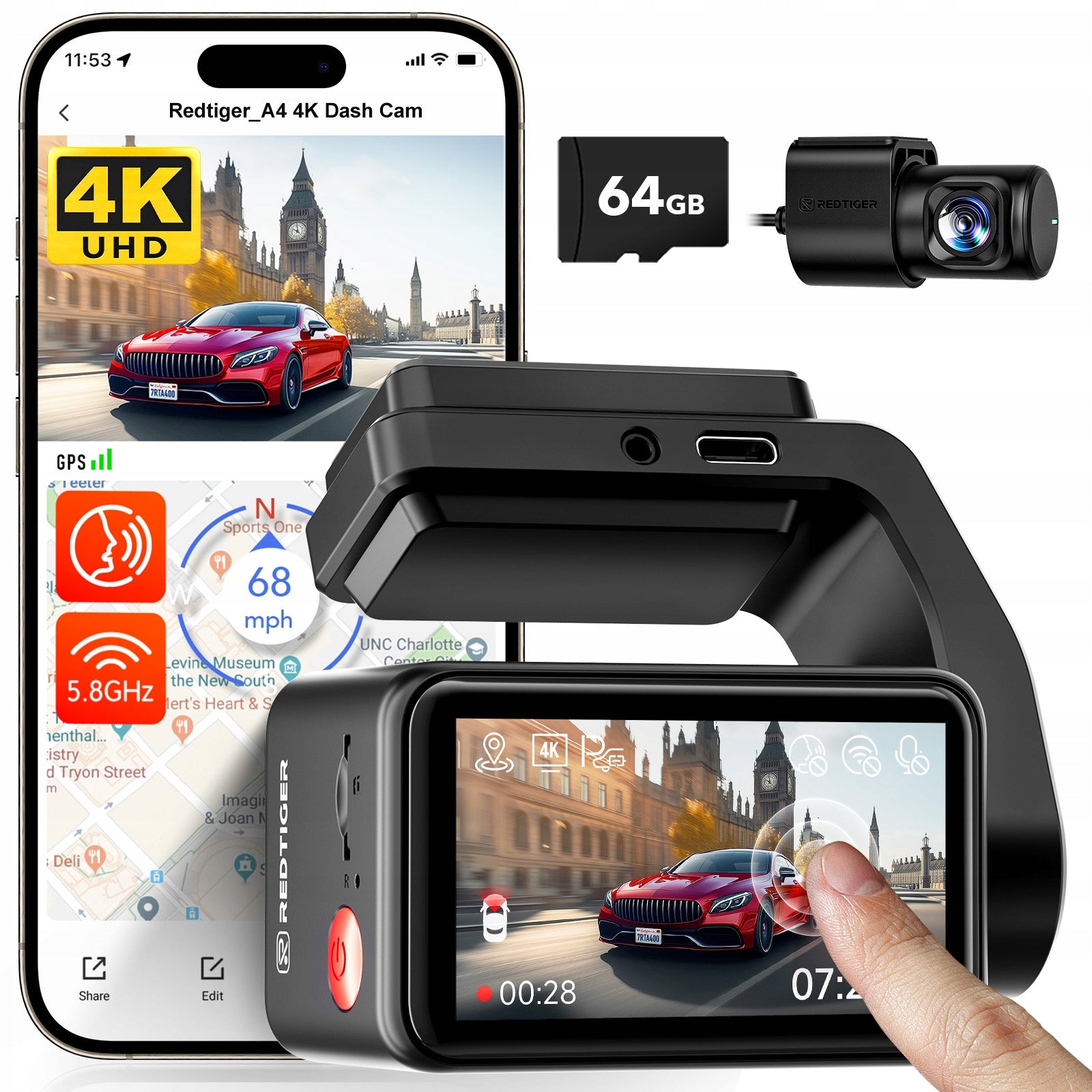 Wideorejestrator REDTIGER A4 4K+1080P 5.8GHz WiFi Voice Control 64GB