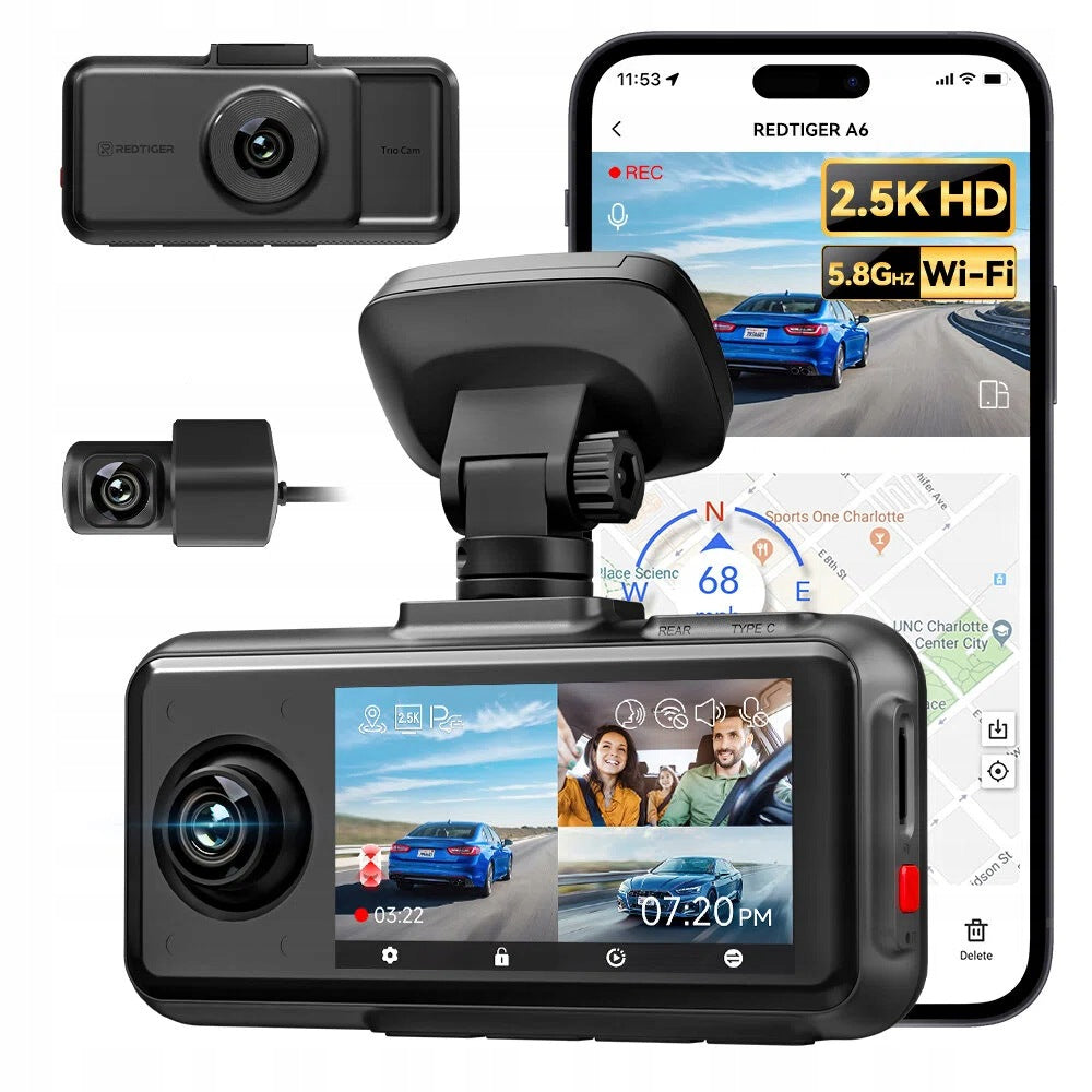 Wideorejestrator REDTIGER A6 3-Channel Dash Cam Touch Screen GPS