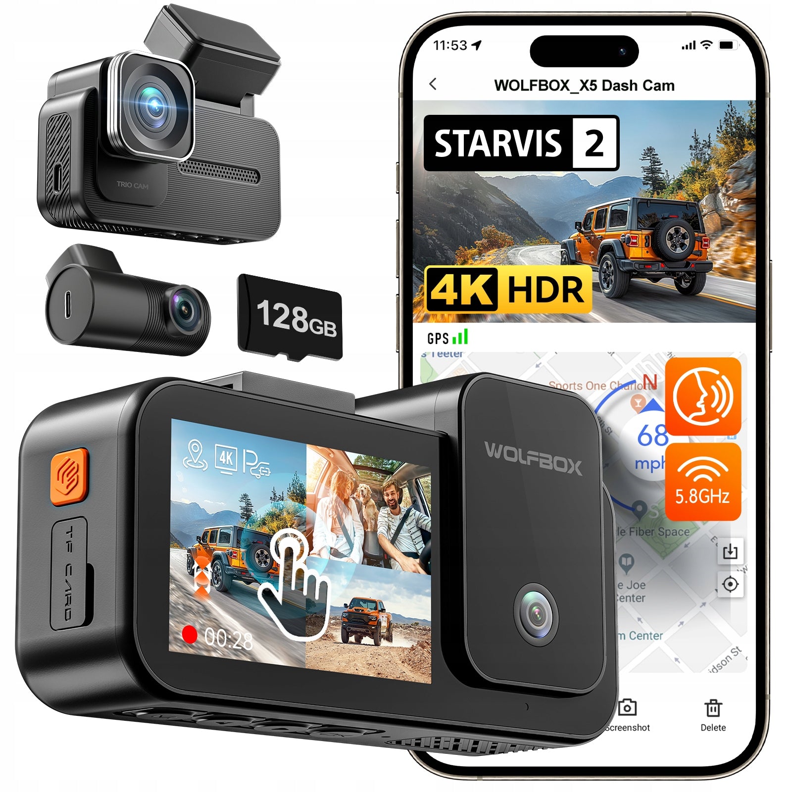 Wideorejestrator WOLFBOX X5 3CH 4K HDR GPS WiFi STARVIS2 128GB,Night Vision