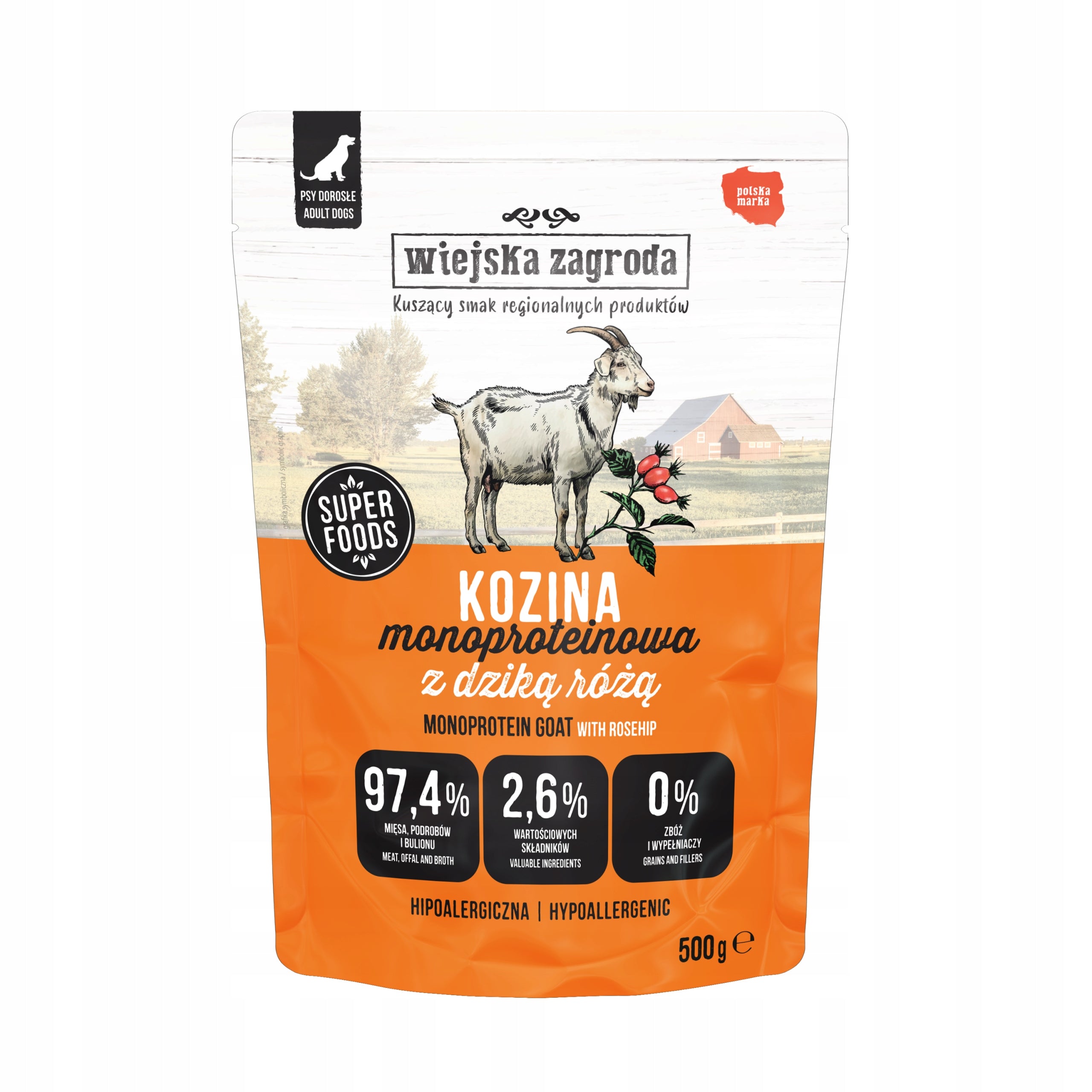 Wiejska Zagroda GOAT WITH ROSE 500g wet dog food MONOPROTEIN sachet