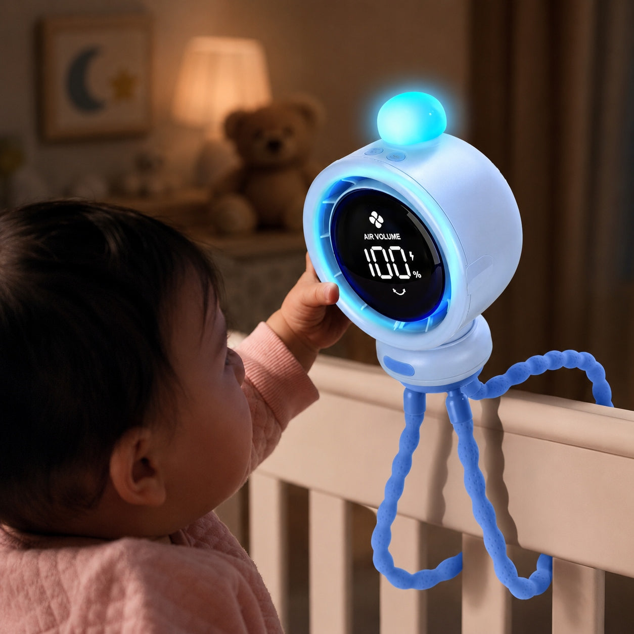 Windmill Baby Crib Stroller Fan Cooling with LED Light Functions oscillation