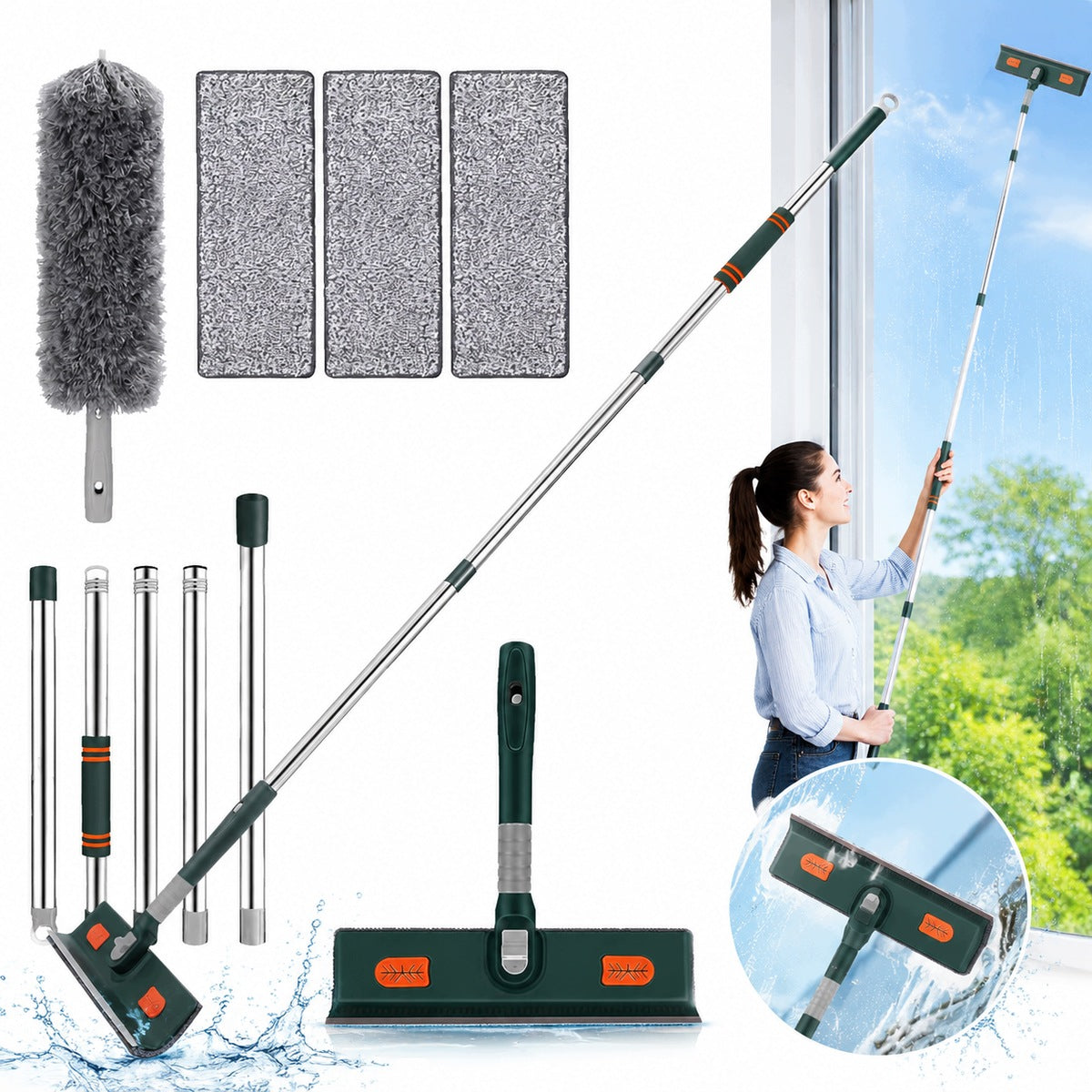 Window Washer with Telescopic Bar and Microfiber Cloth 206 cm