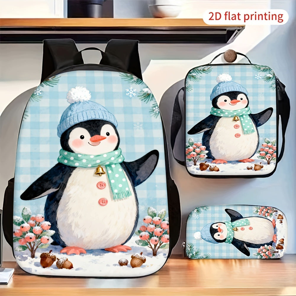Winter Penguin Blue Plaid Backpack Combo: Includes Crossbody Bag and Pencil Case