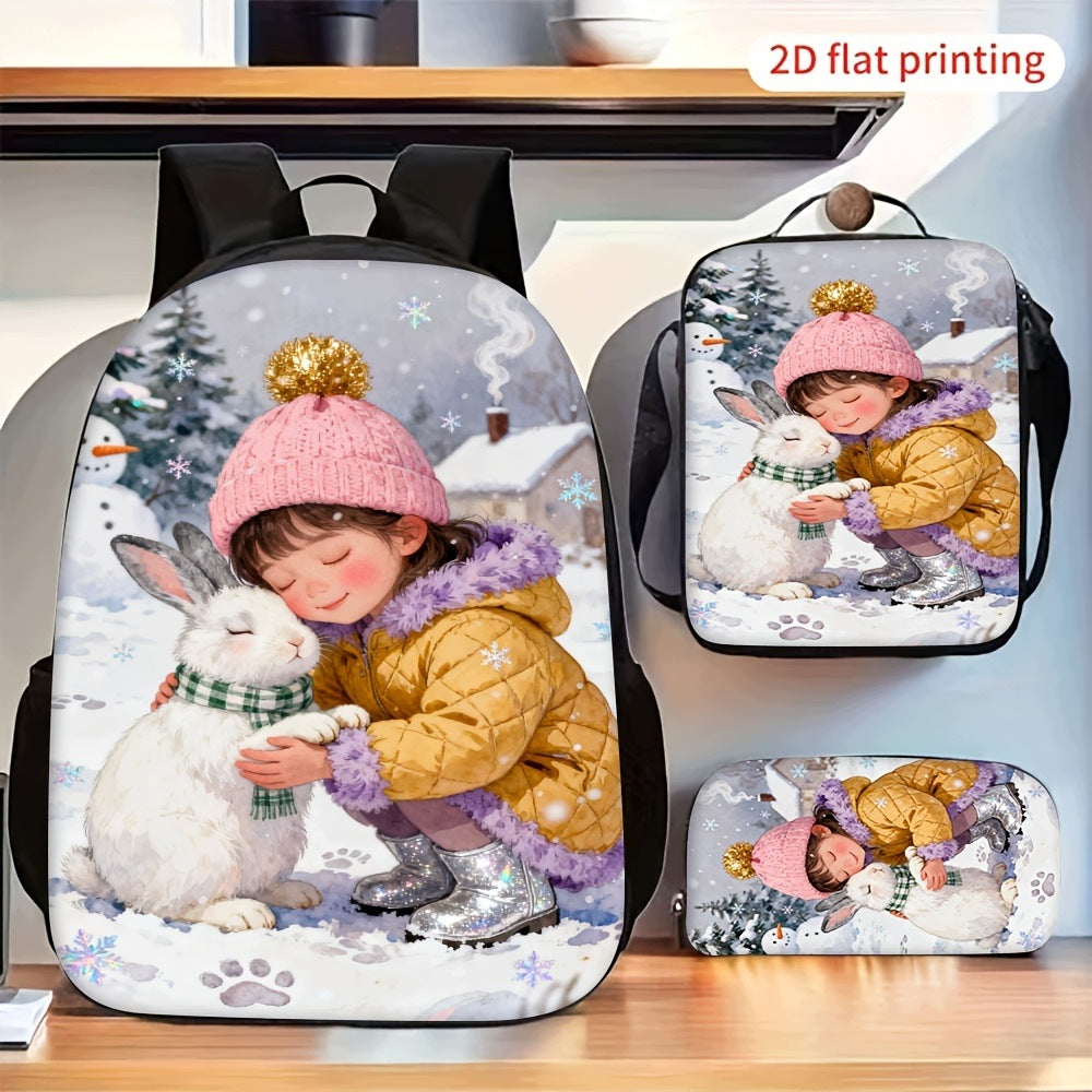 Winter Snow Scene Girl White Rabbit Print 3pc Backpack Set