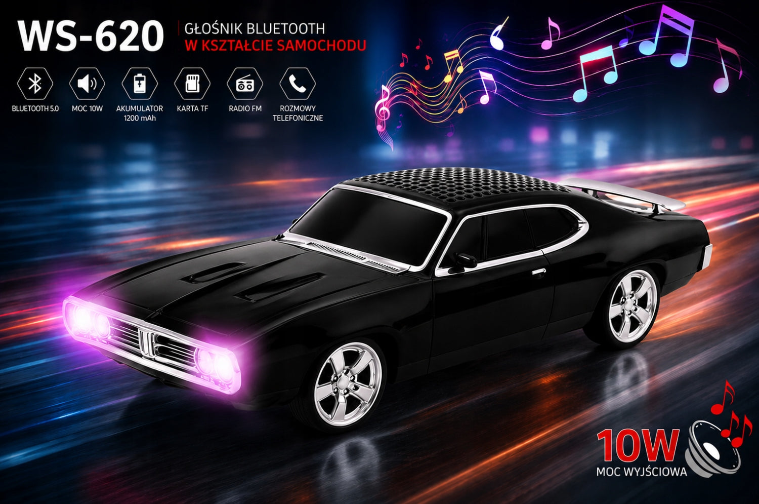 Wireless Bluetooth Car Speaker Classic Lights BLACK WS-620 Manufacturer code WS-620