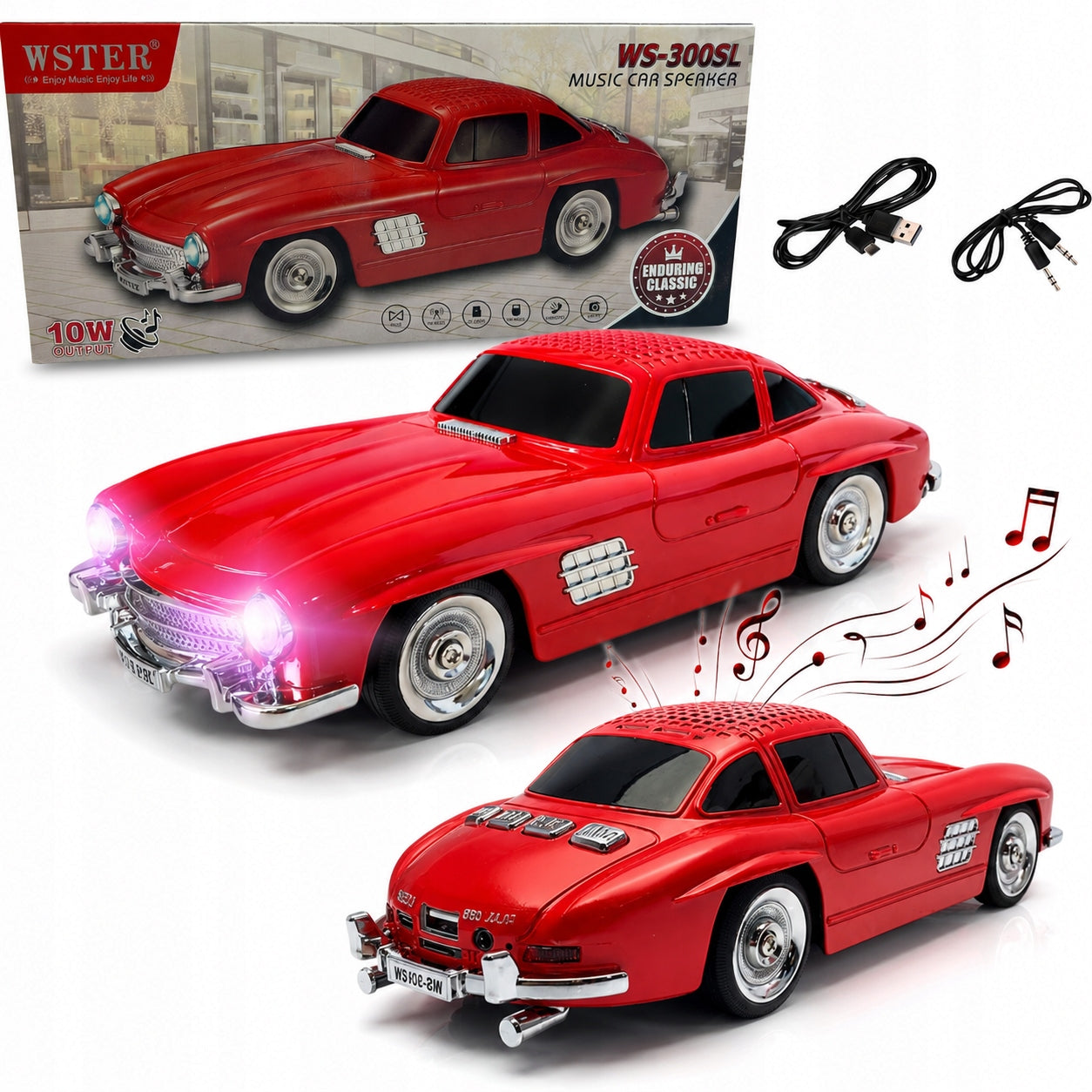 Wireless Bluetooth Car Speaker Classic Red WS-300SL LED