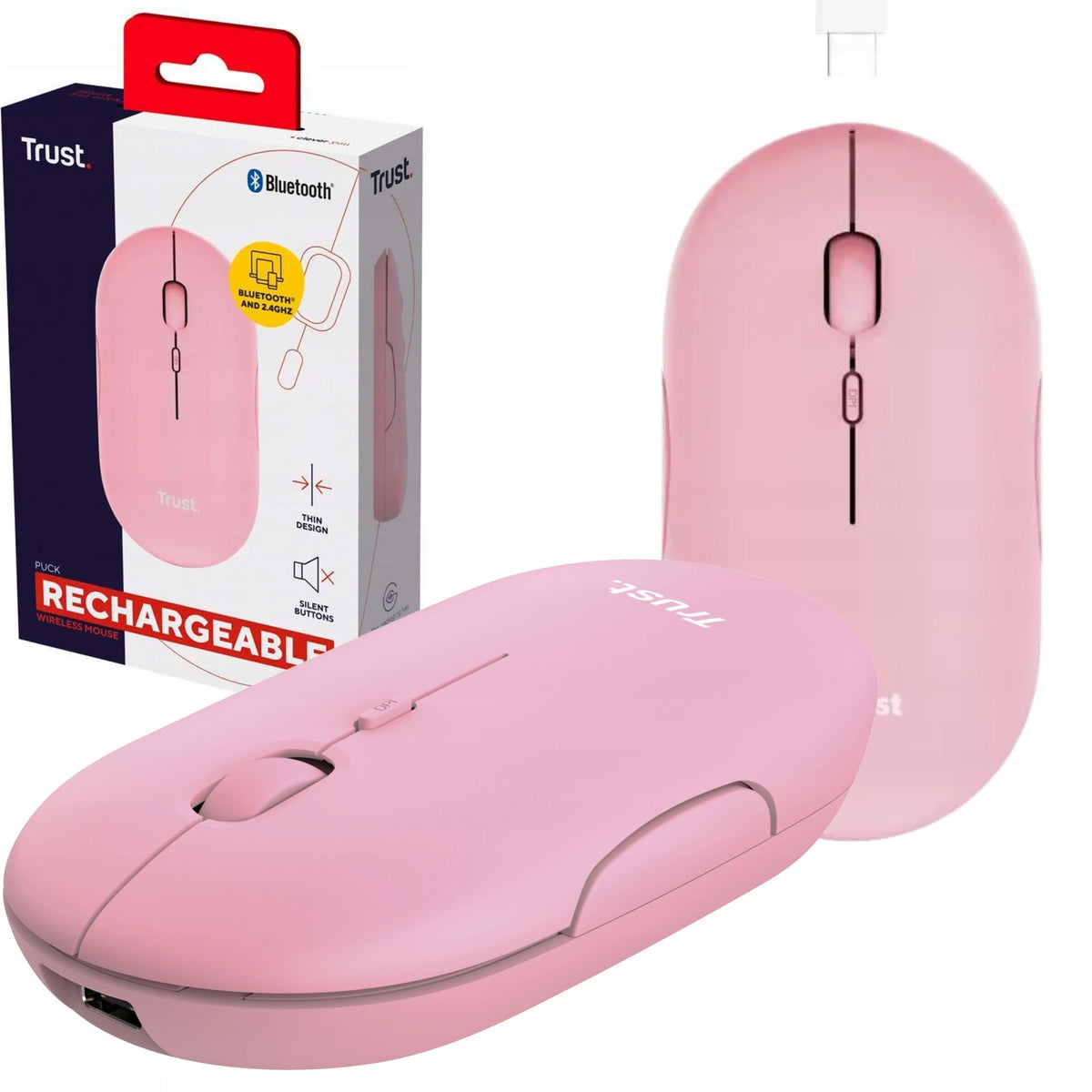 Wireless Bluetooth Mouse Quiet USB 2.4GHz Rechargeable USB-C Pink