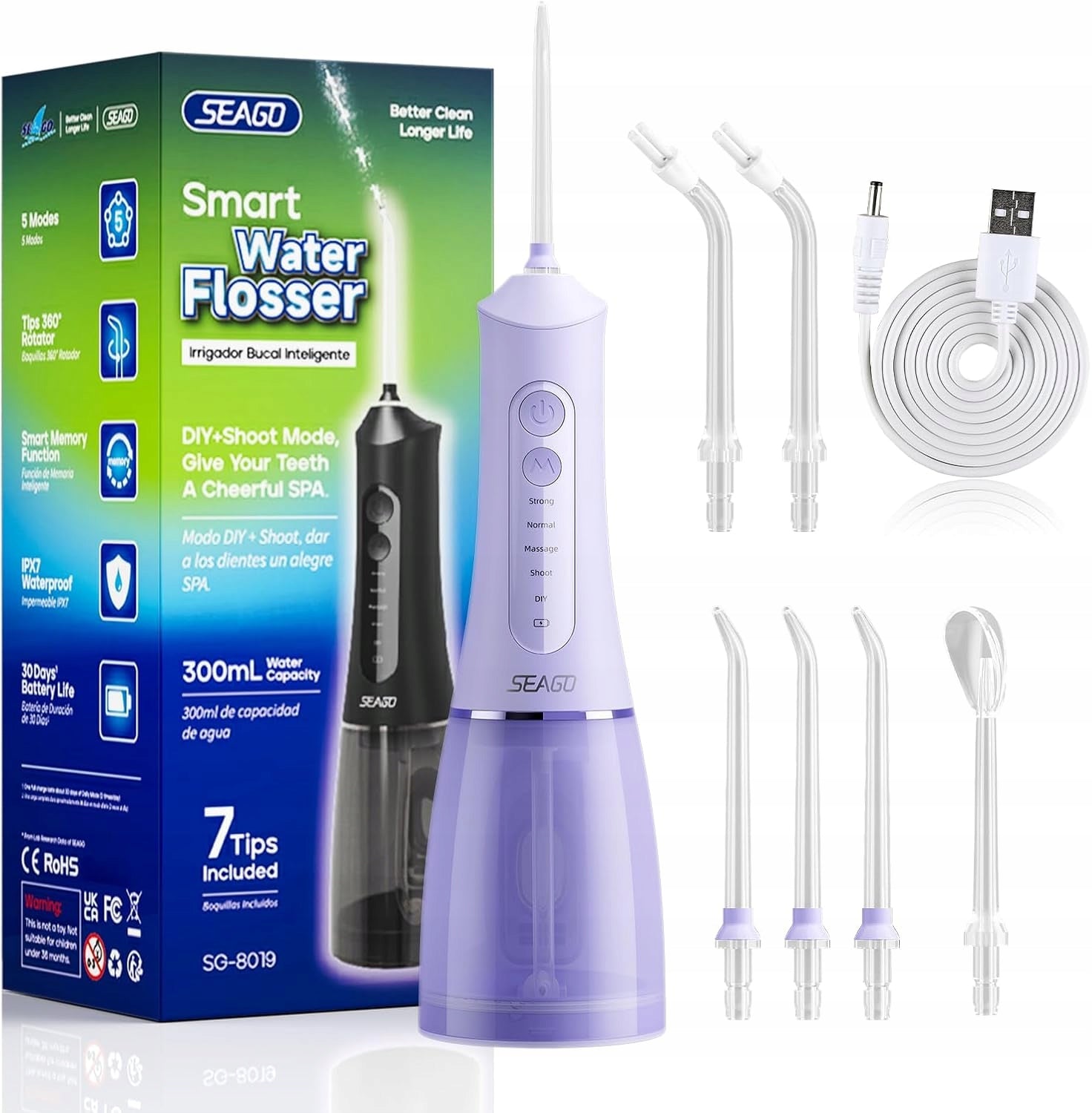 Wireless Dental Irrigator Seago Purple 300ml, 7 Nozzles, 5 Modes