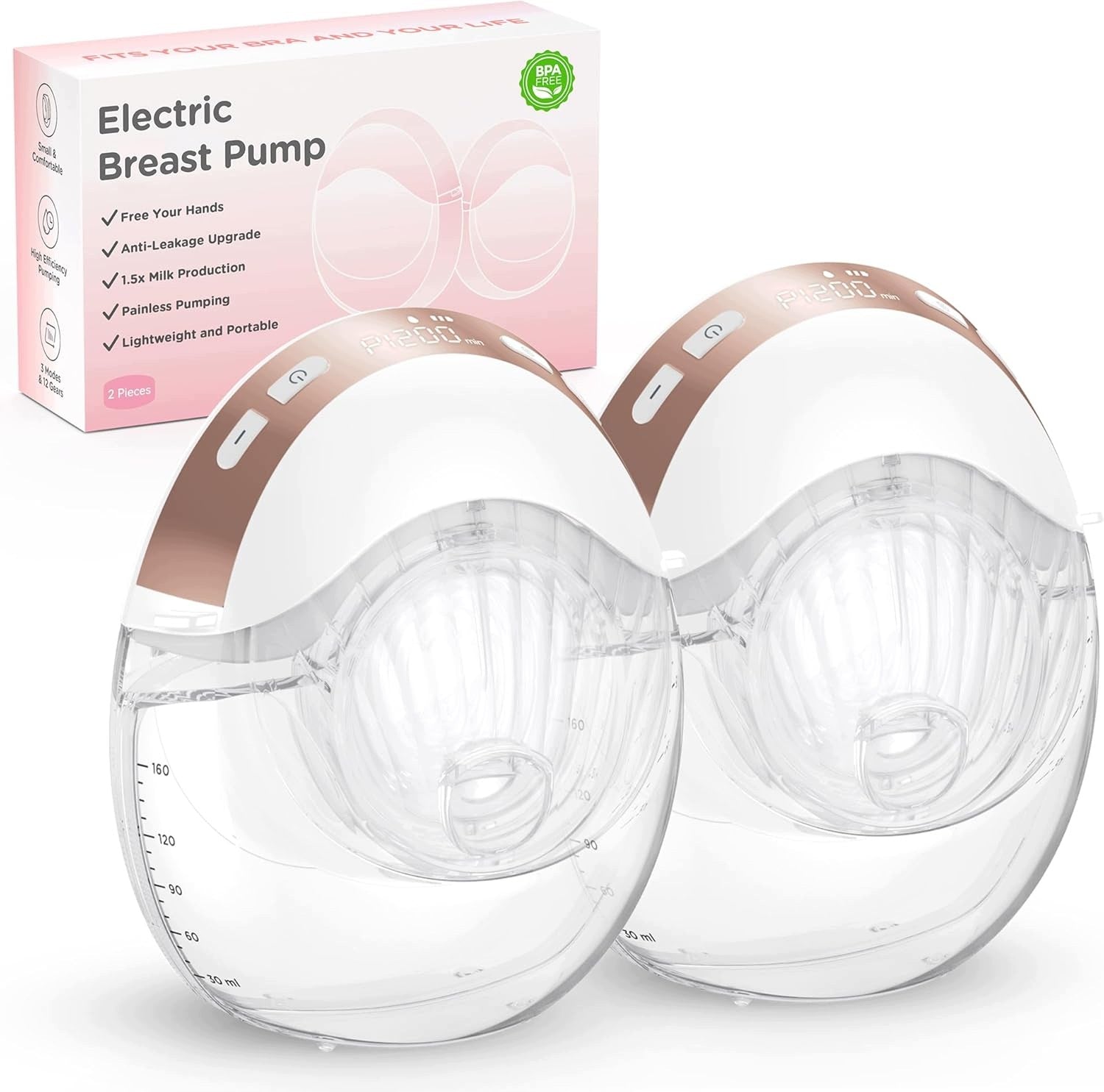 Wireless Electric Breast Pump 2 Pack BPA Free 3 Modes 12 Levels