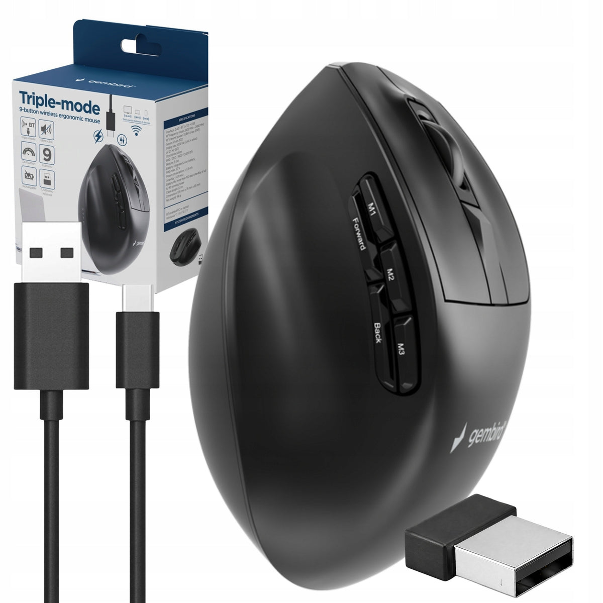 Wireless Ergonomic Mouse 3-mode BT USB 2.4 GHz Rechargeable