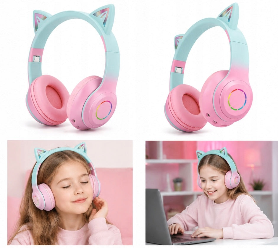 Wireless Headphones for Kids Pink Cat Ears Bluetooth