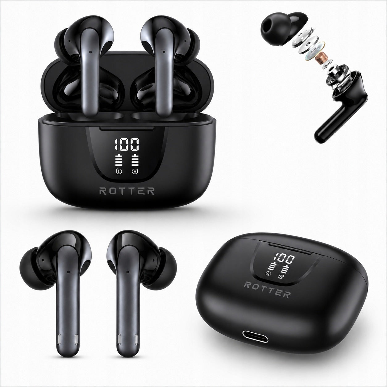 Wireless In-Ear Headphones ROTTER Wireless Earbuds Bluetooth USB-C Black