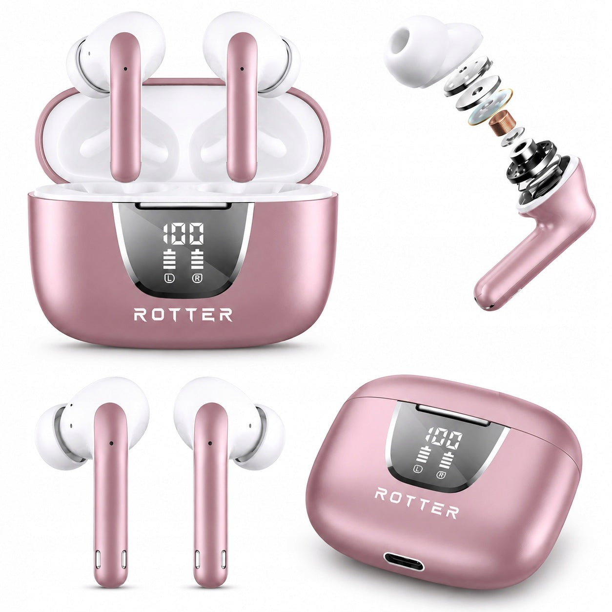 Wireless In-Ear Headphones ROTTER Wireless Earbuds Bluetooth USB-C Pink