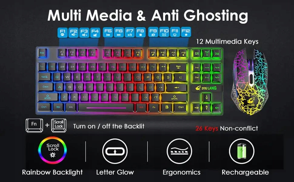 Wireless Keyboard + Gaming Mouse Set, RGB Backlight EAN (GTIN) 0074091947834