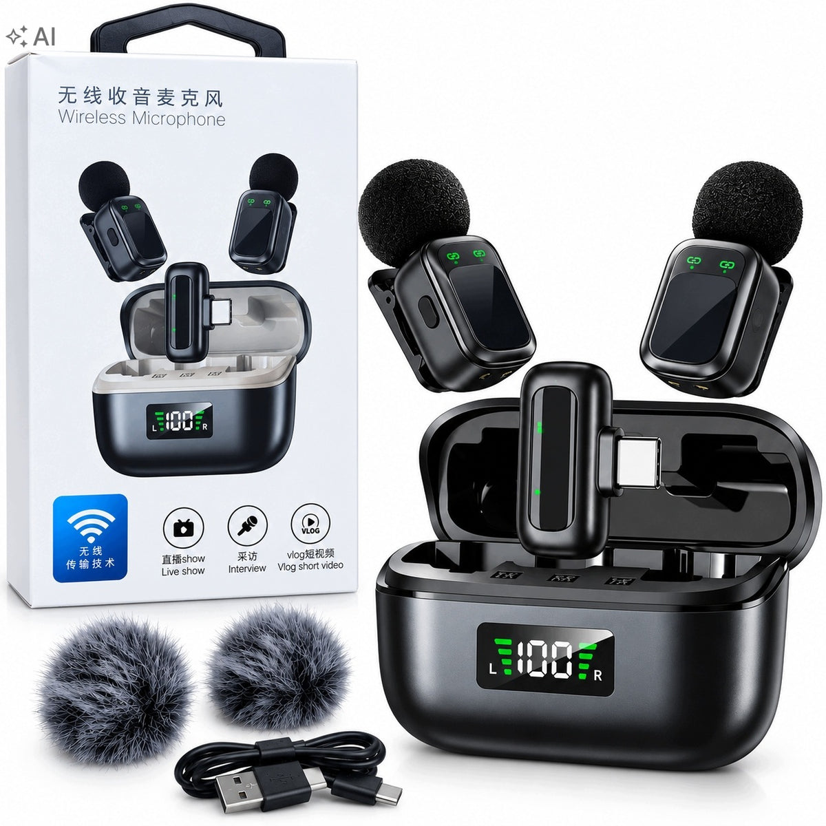 Wireless Microphone 2x Tie USB-C Phone VLOG TikTok YouTube FB