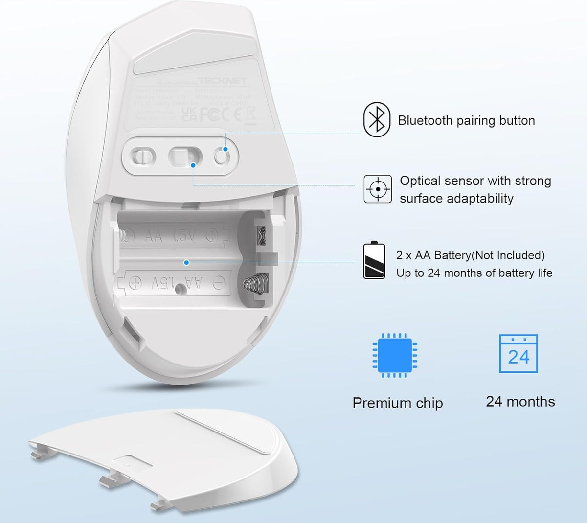 Wireless Mouse For Computer Bluetooth 3200DPI White Manufacturer TeckNet