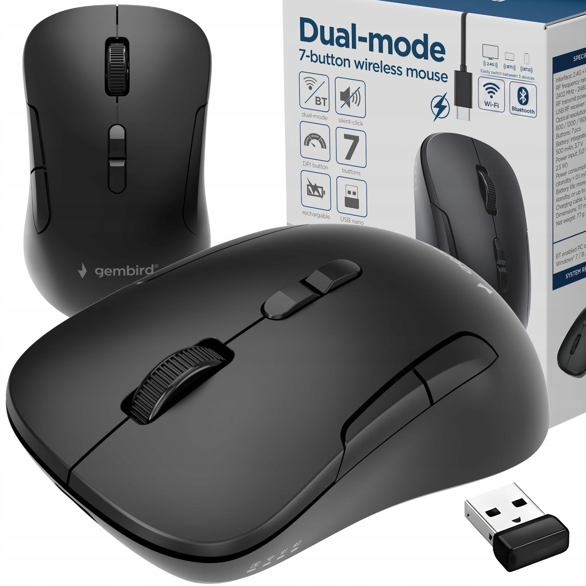 Wireless Mouse Quiet For Work and Office Bluetooth USB-wifi 3 DEVICES Manufacturer code MUSW2-7B-01