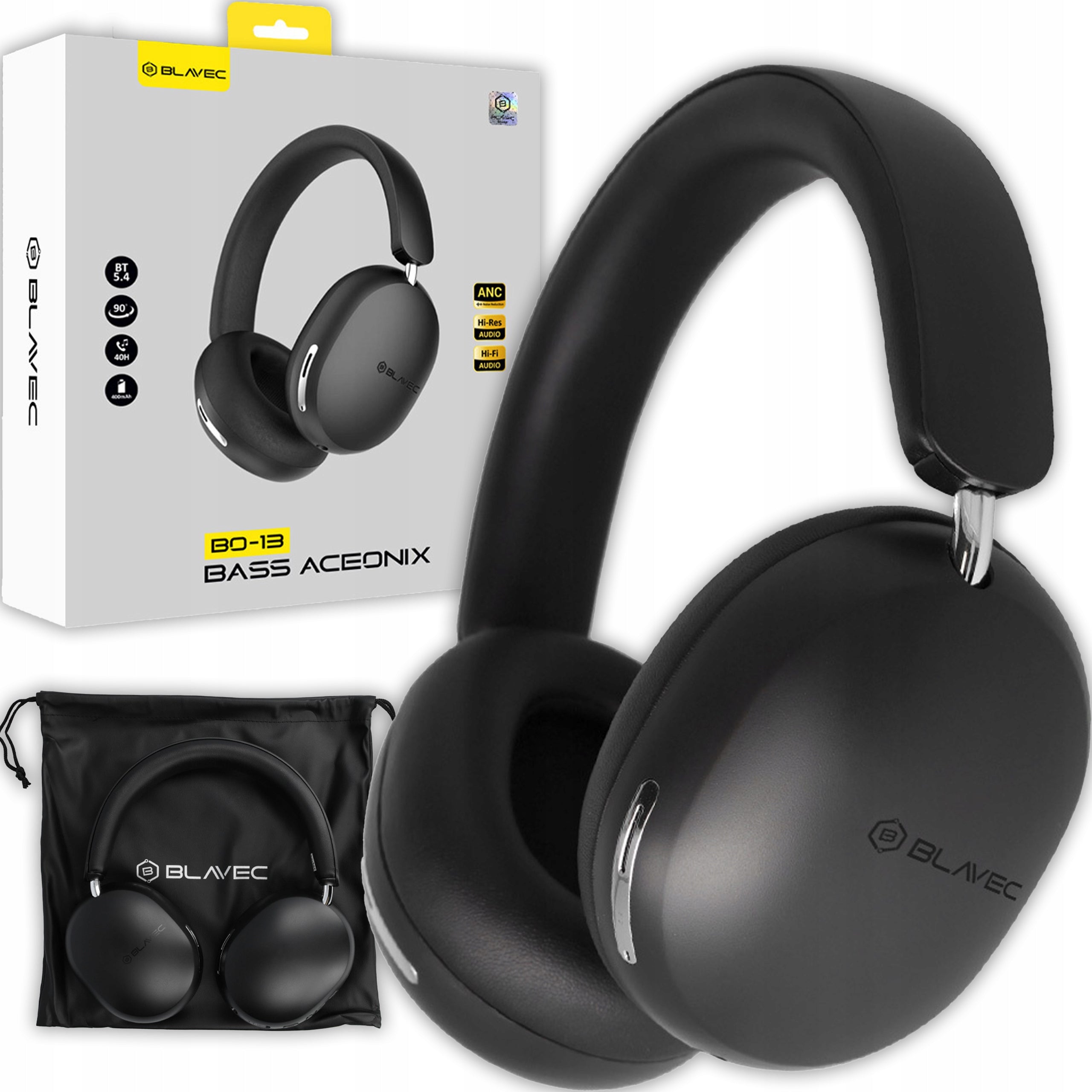 Wireless On-Ear Headphones Blavec with Bluetooth Microphone 5.4 ANC +etui