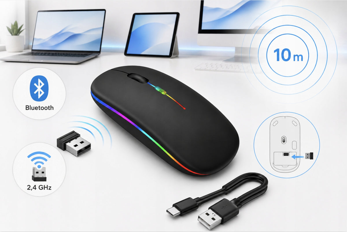 Wireless Optical Bluetooth Mouse 2.4GHz Slim RGB Laptop PC Black Packaging status original