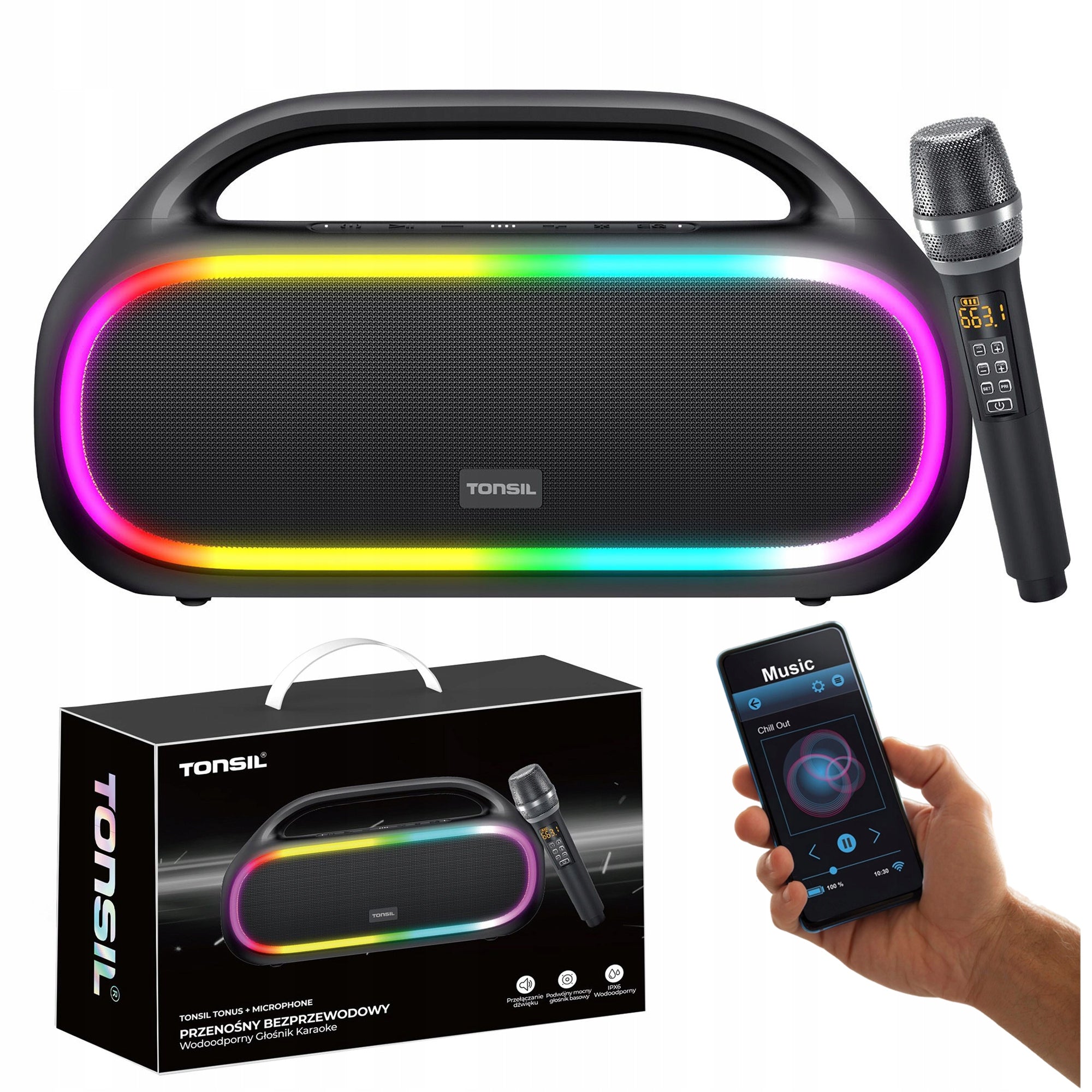 Wireless Portable Speaker TONSIL Tonus + Microphone Karaoke BT LED 120W