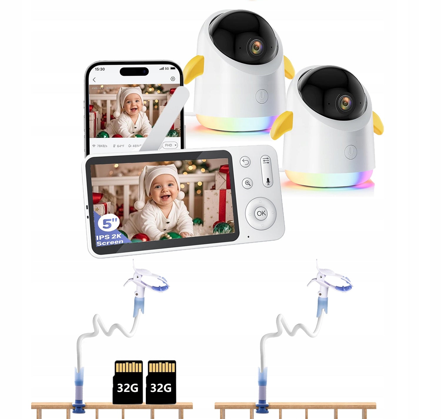 Wireless Rotating Baby Monitor Electronic FHD WIFI Camera 5" LCD 4X ZOOM