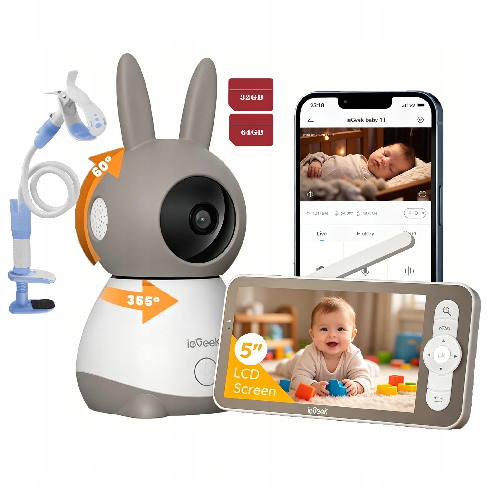 Wireless Rotating Baby Monitor Electronic Screen 5" ZOOM Camera With Handle