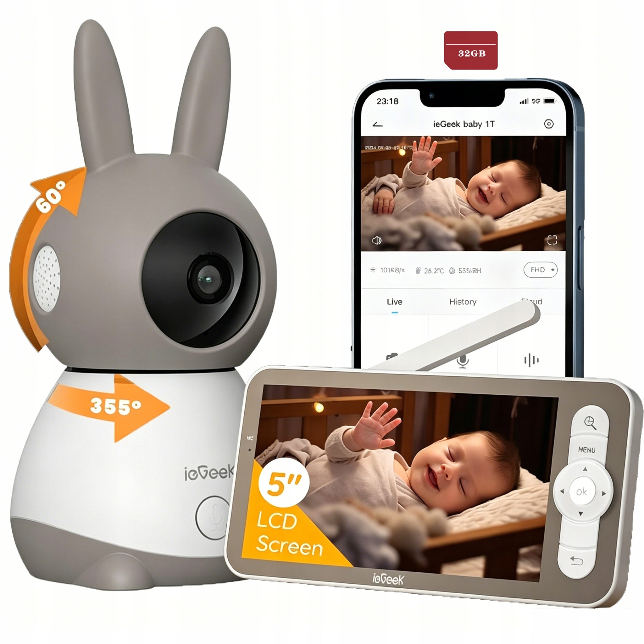 Wireless Rotating Baby Monitor HD Screen 5" ZOOM LCD Camera