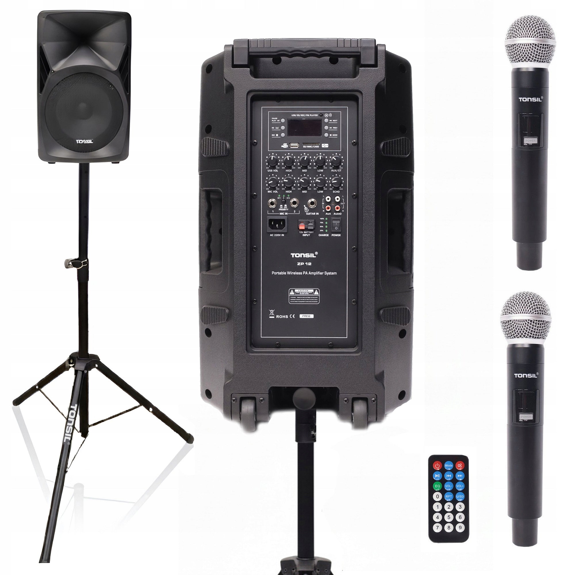 Wireless Speaker TONSIL ZP 12 USB BT SD AUX FM 2 UHF Microphones +Station