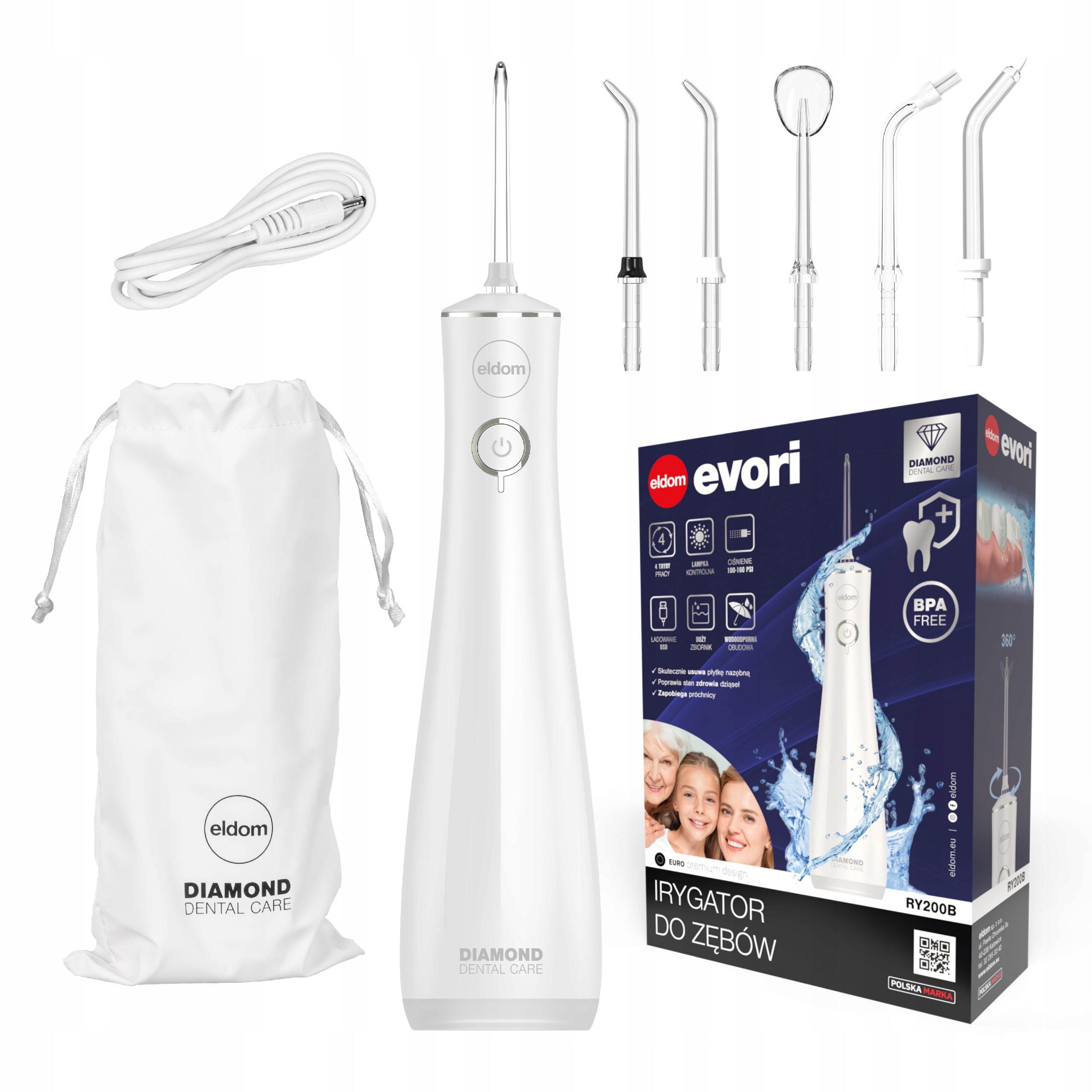 Wireless Tooth Irrigator 4 Modes 5 Tips IPX7 Eldom RY200B white