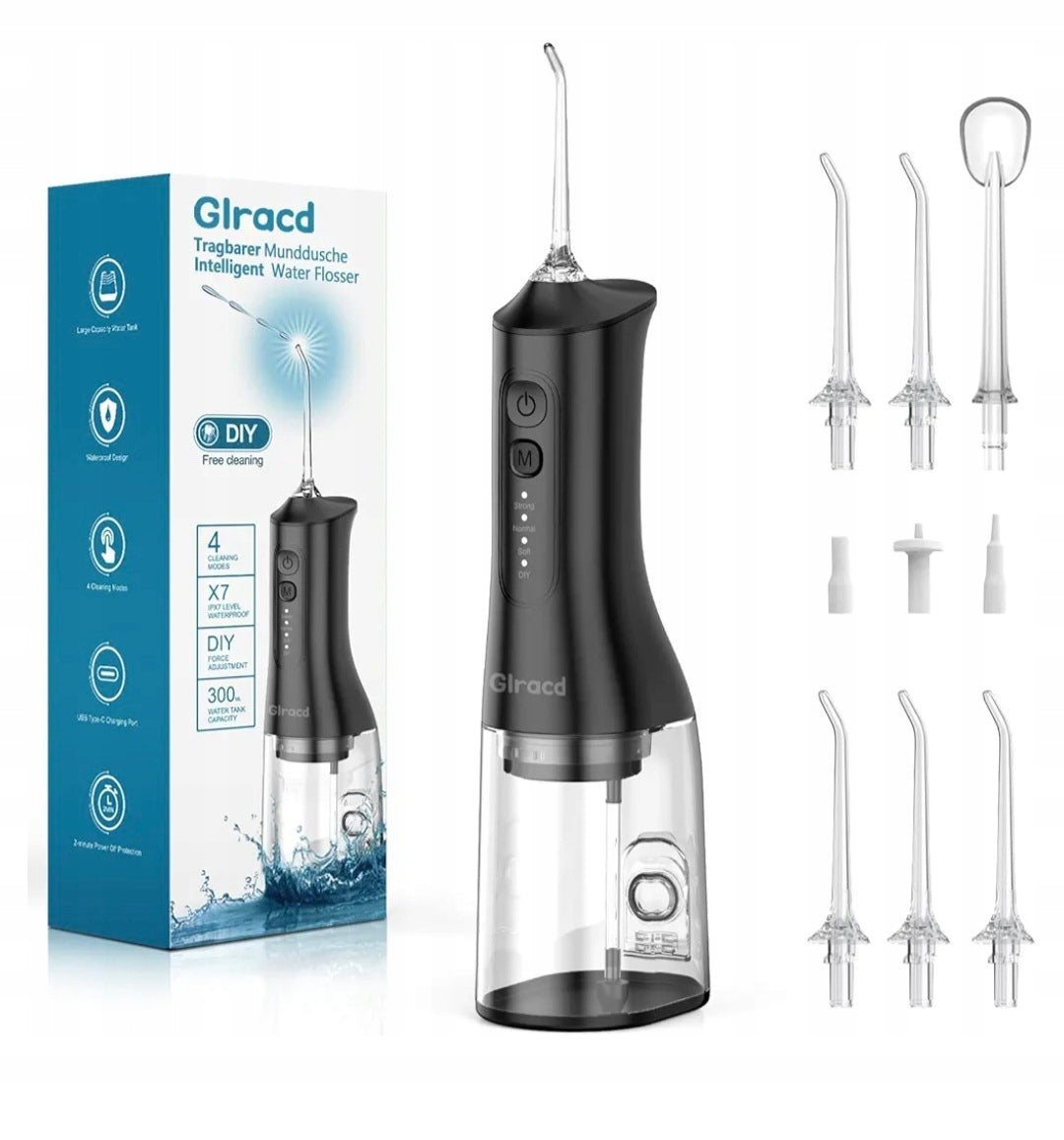 Wireless Tooth Irrigator L6 Glracd Black IPX7 300ml USB 4 Modes