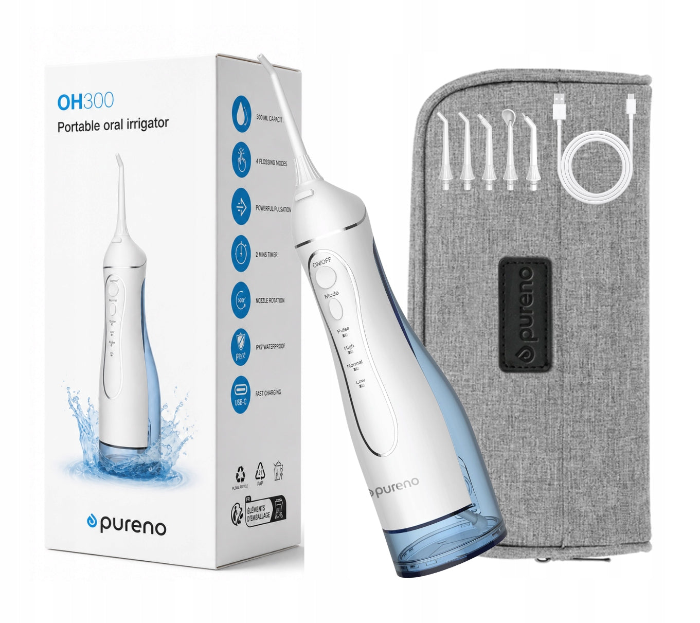 Wireless Tooth Irrigator PURENO OH 300 USB-C 5 Tips + Case
