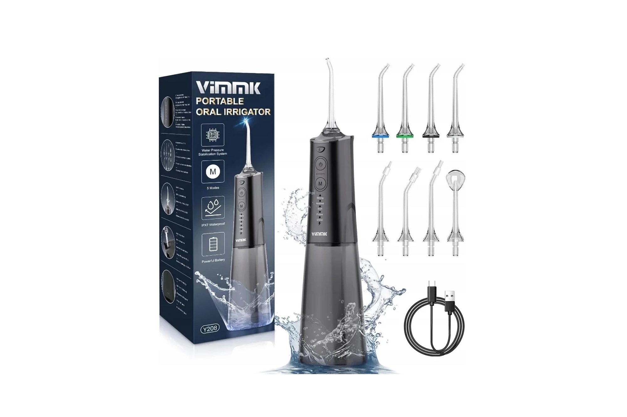 Wireless Tooth Irrigator Y208 Black 5 Modes 8 Nozzles IPX7 300ml
