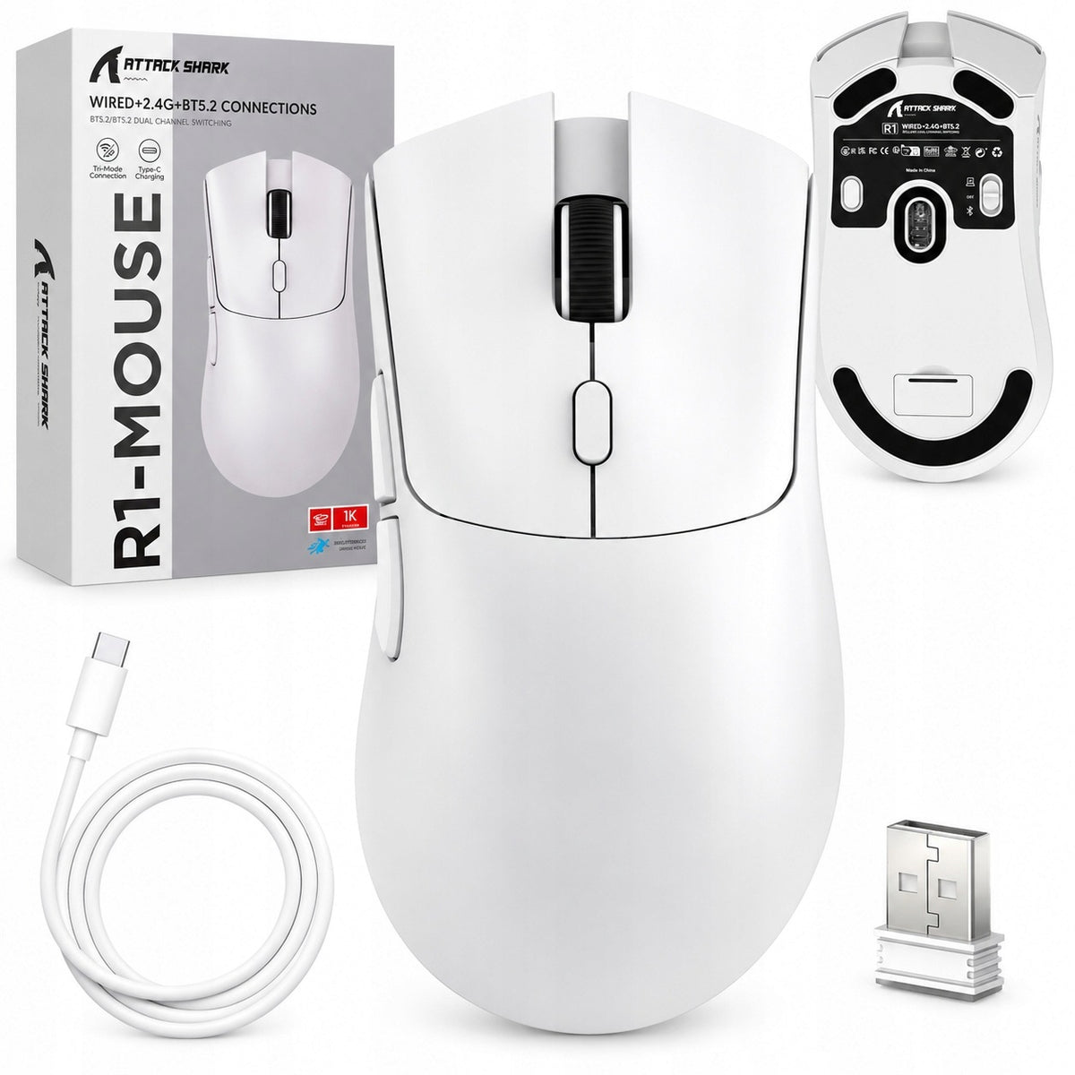 Wireless gaming mouse Attack Shark R1 Tri-Mode White BT 2,4GHz USB-C