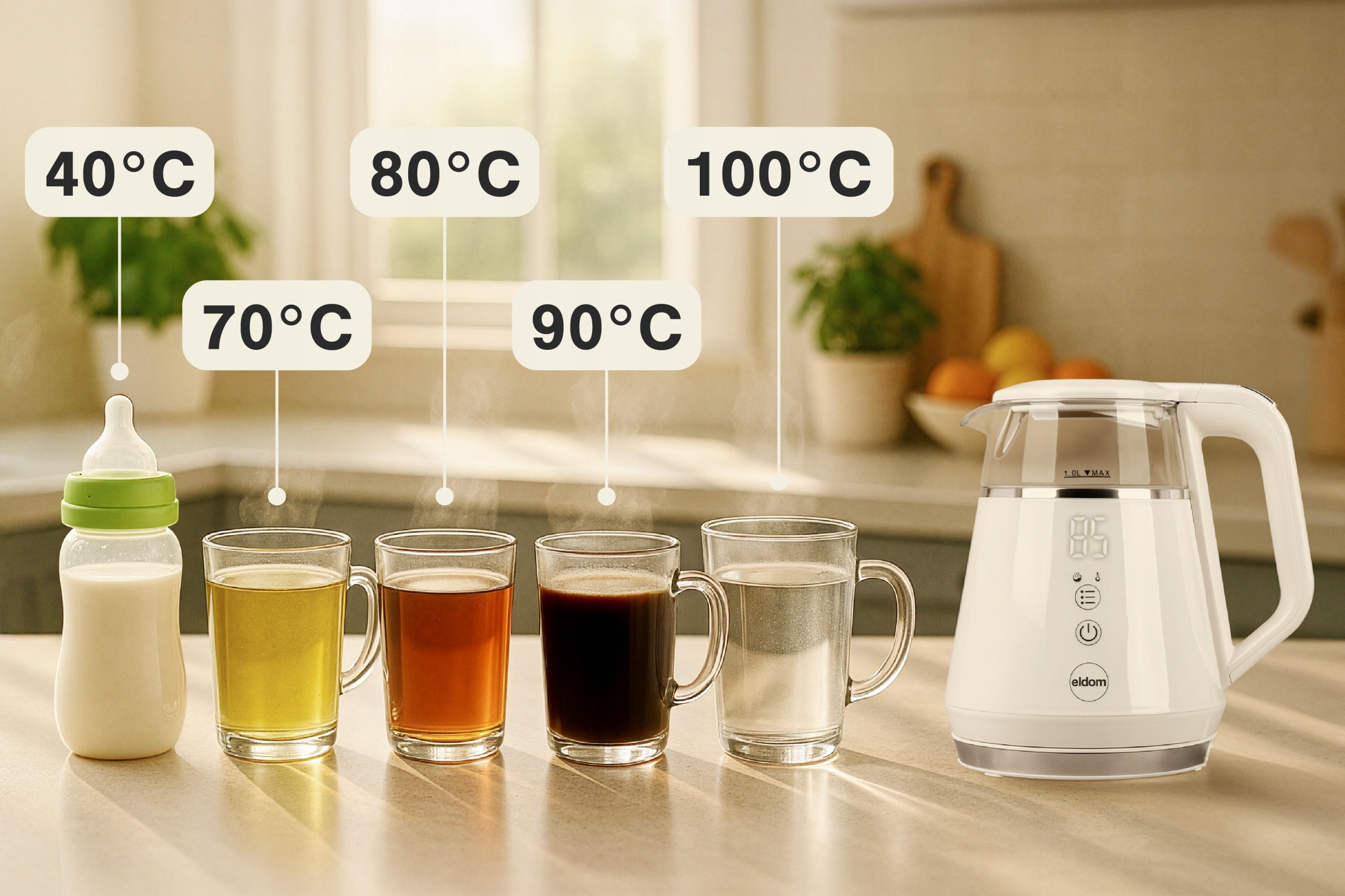 Wireless kettle with temperature control C505B Eldom 1100W 1L filter Dominant color white