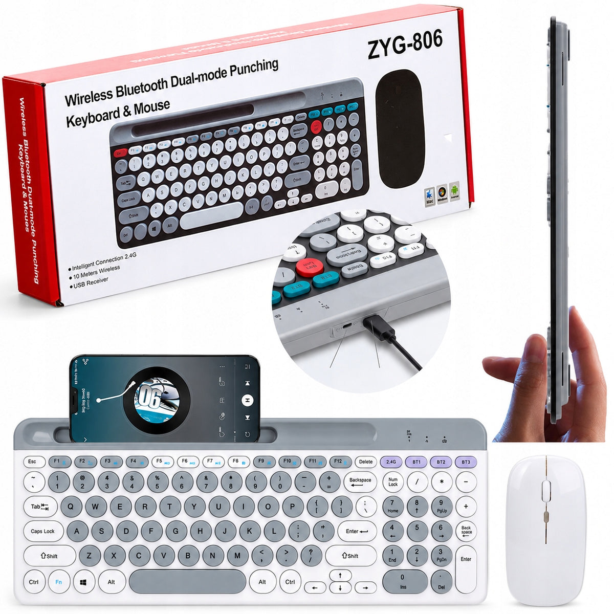 Wireless keyboard and mouse (806) WiFi + Bluetooth 3 devices white